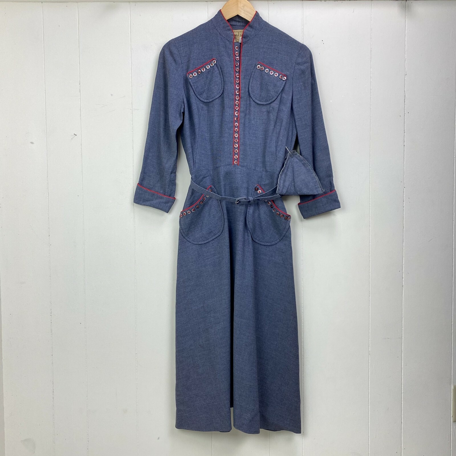 Vintage 40s 50s Paul Sachs Bluish Gray Dress w/ Red Trim Belted Pockets Size 6