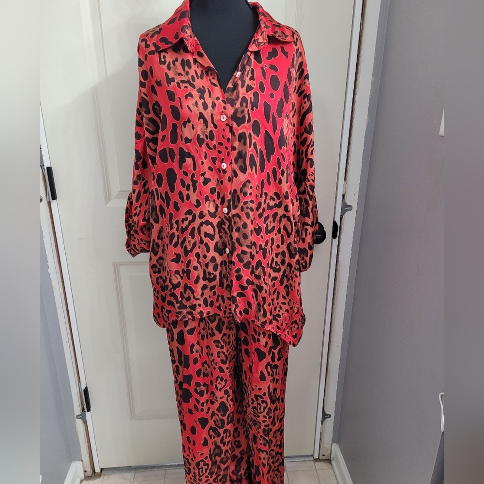 Women’s Red Leopard Print Button Down Shirt