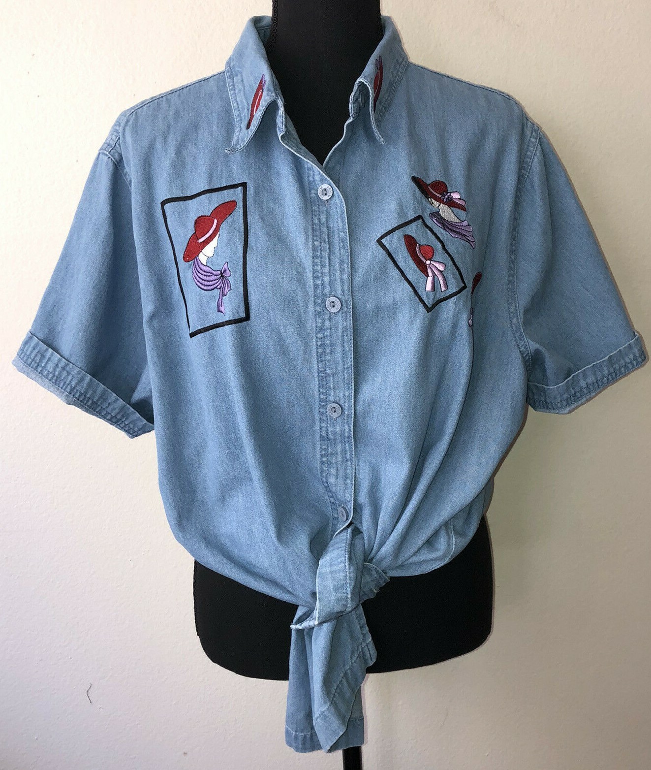 Vintage ’90s Passions Embroidered Denim Short Sl Shirt Vogue Model Hats L/XL/XXL