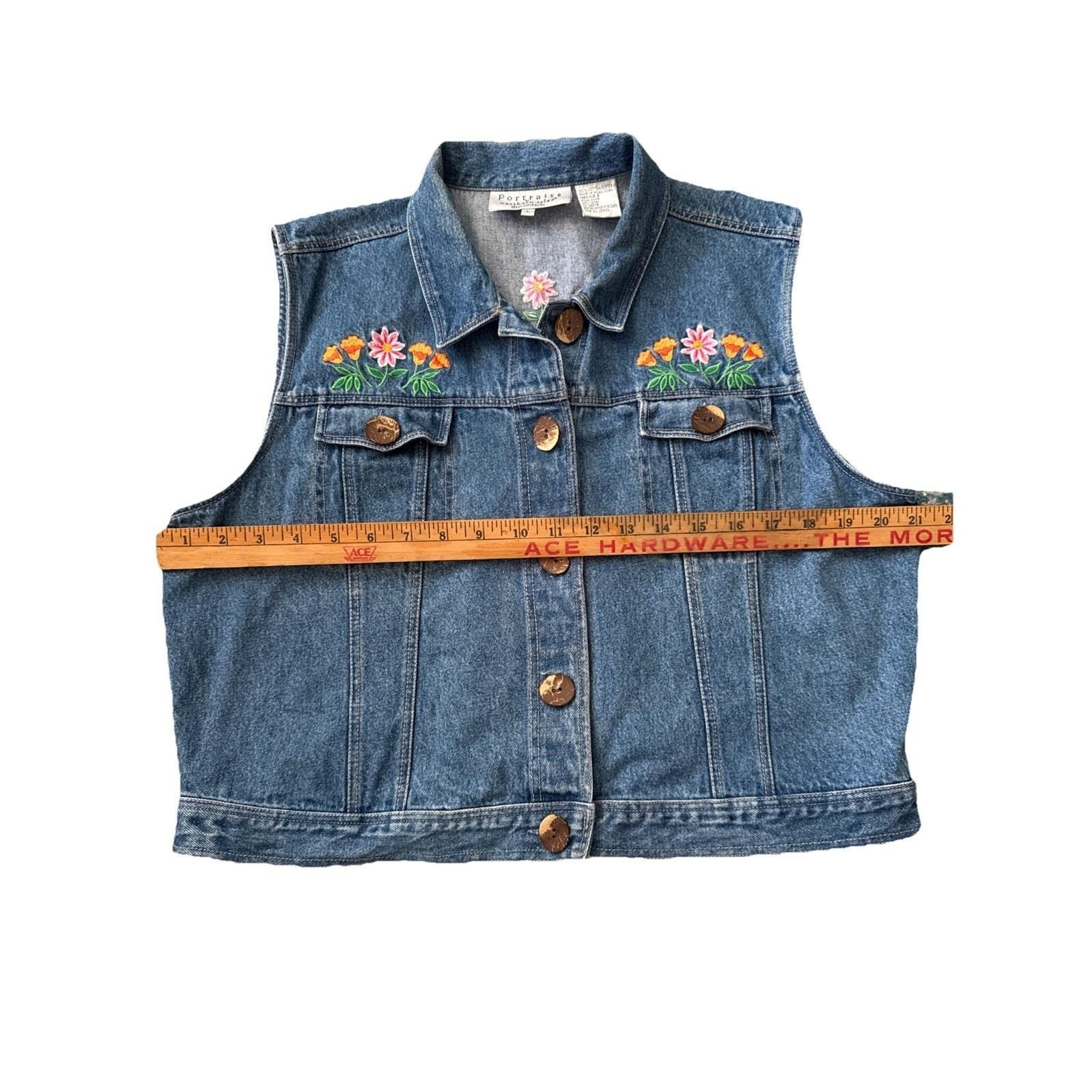 Portraits by Northern Isles Denim Vest 90s Vintage Floral Embroidery
