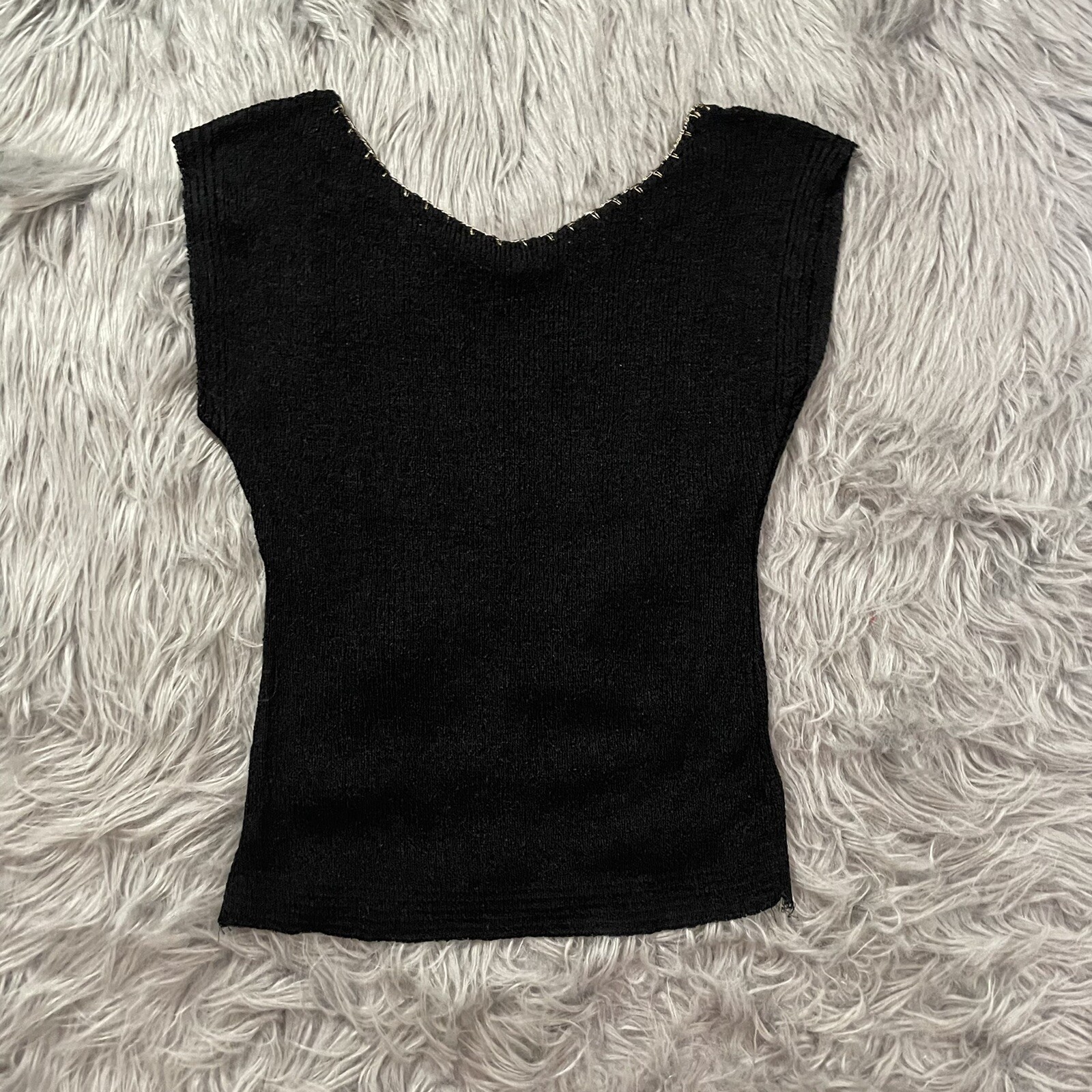 VTG 1960s Jane Colby Twiggy Tank Top Knitted Blouse Black Sequin Beaded Sz S