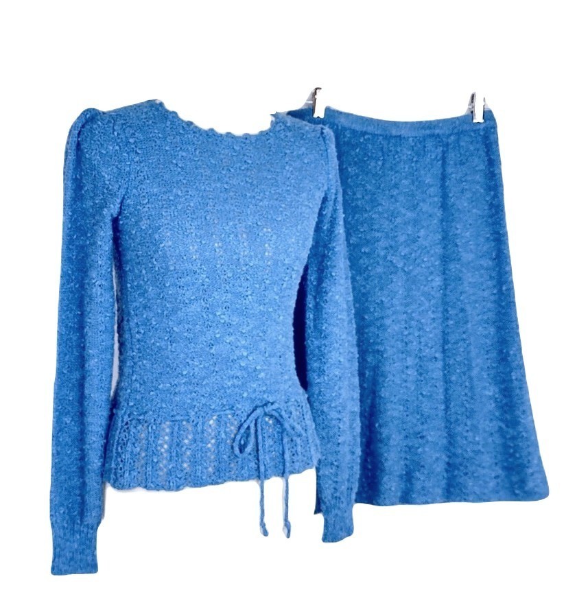 VTG Marisa Christina Knit Skirt Set Blue Long Sleeve Crochet S/M