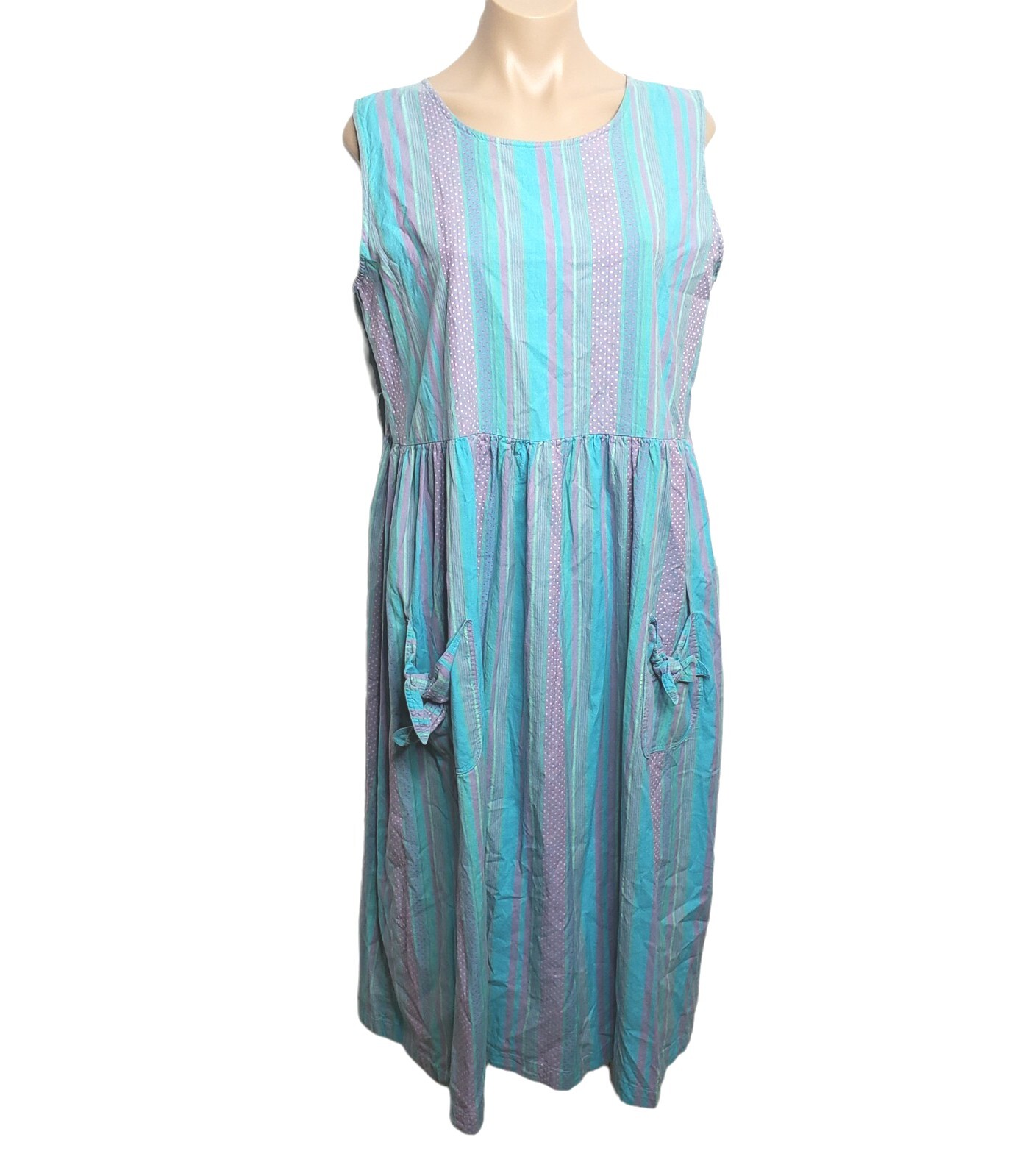Vintage Blue Purple Pastel Colors Striped Cotton Pockets Spring Summer Dress