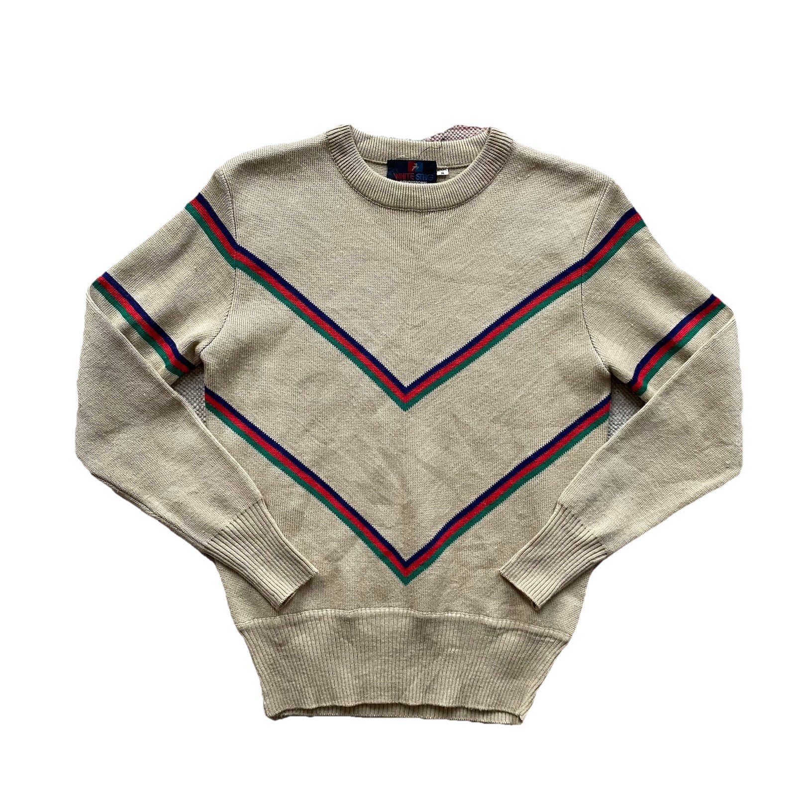 Vintage 70s Ski Sweater White Stag Medium Chest Stripe Apres Action Sports