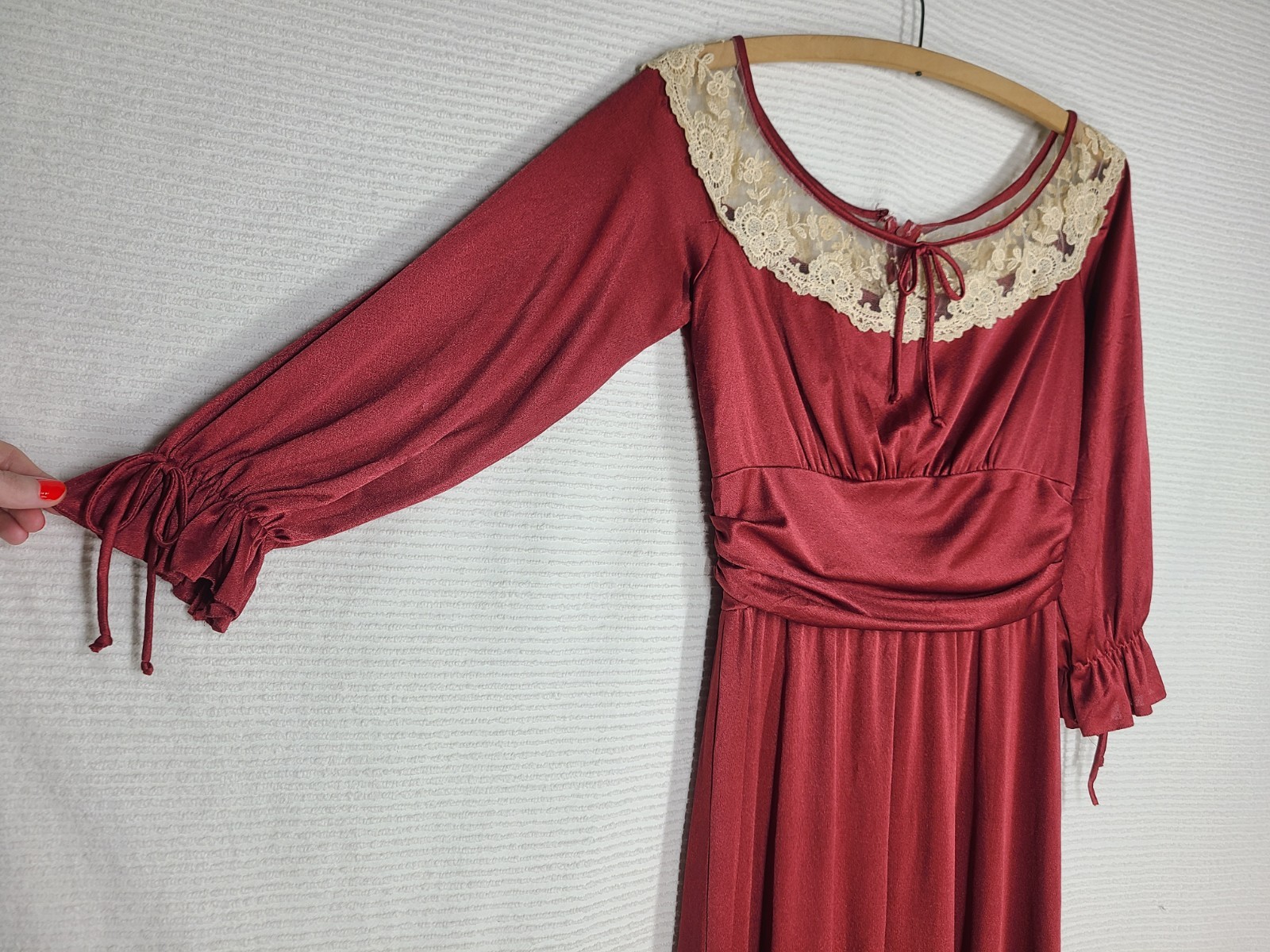 Vintage 1970s Long Dress 14 L Burgundy Liquid Knit Lace Mesh Bust Poly Union Tag