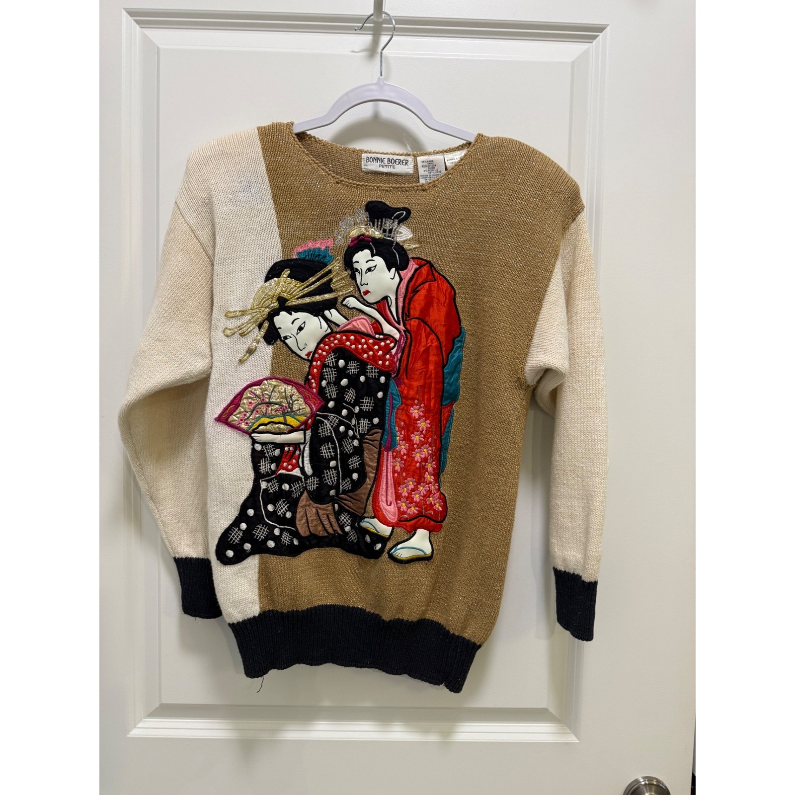 Vintage 1986 Bonnie Boerer Petite Geisha Embroidery Metallic Knit Sweater Tan