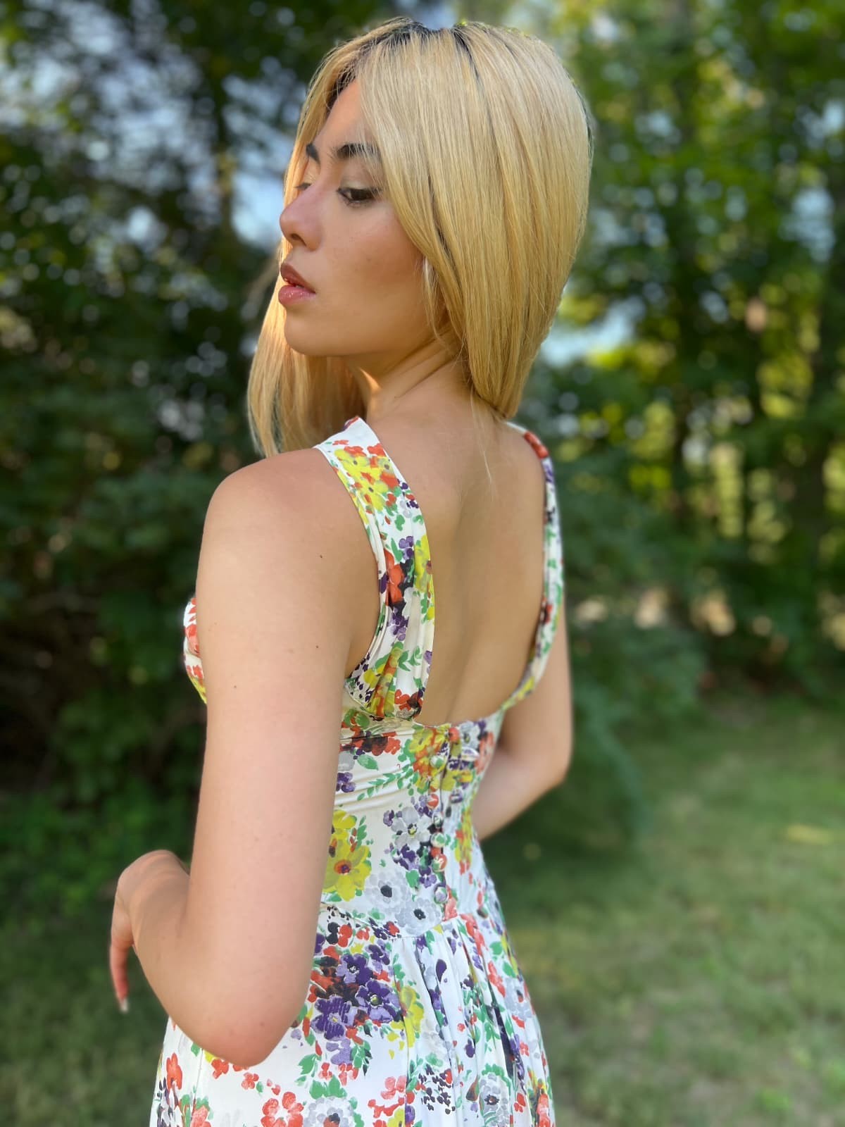 ALLURING 1930’S MULTI FLORAL RAYON DRESS W OPEN BACK