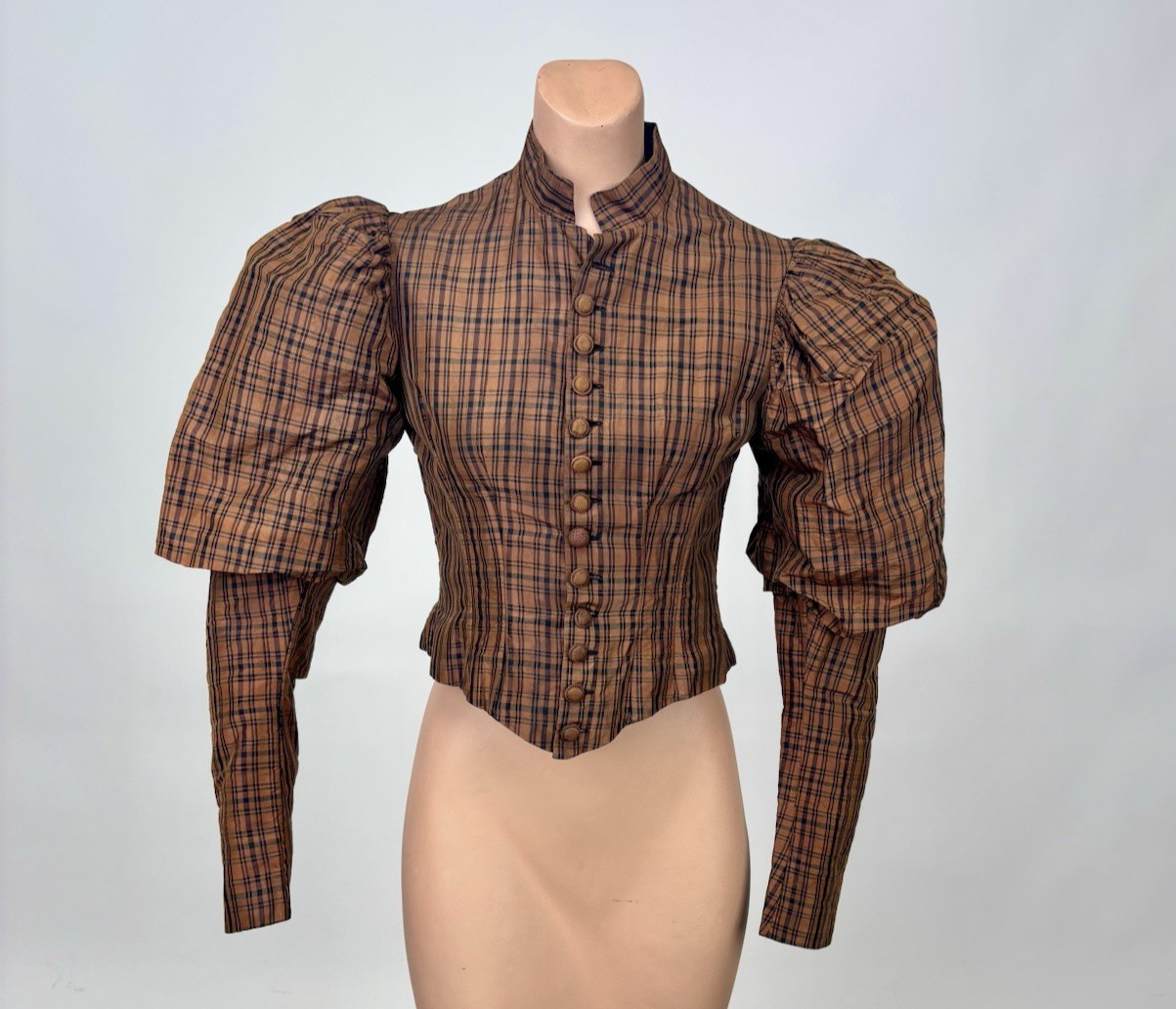 Antique Victorian 1890 Jacket Bodice Leg of Mutton Sleeve Brown Black Plaid Silk