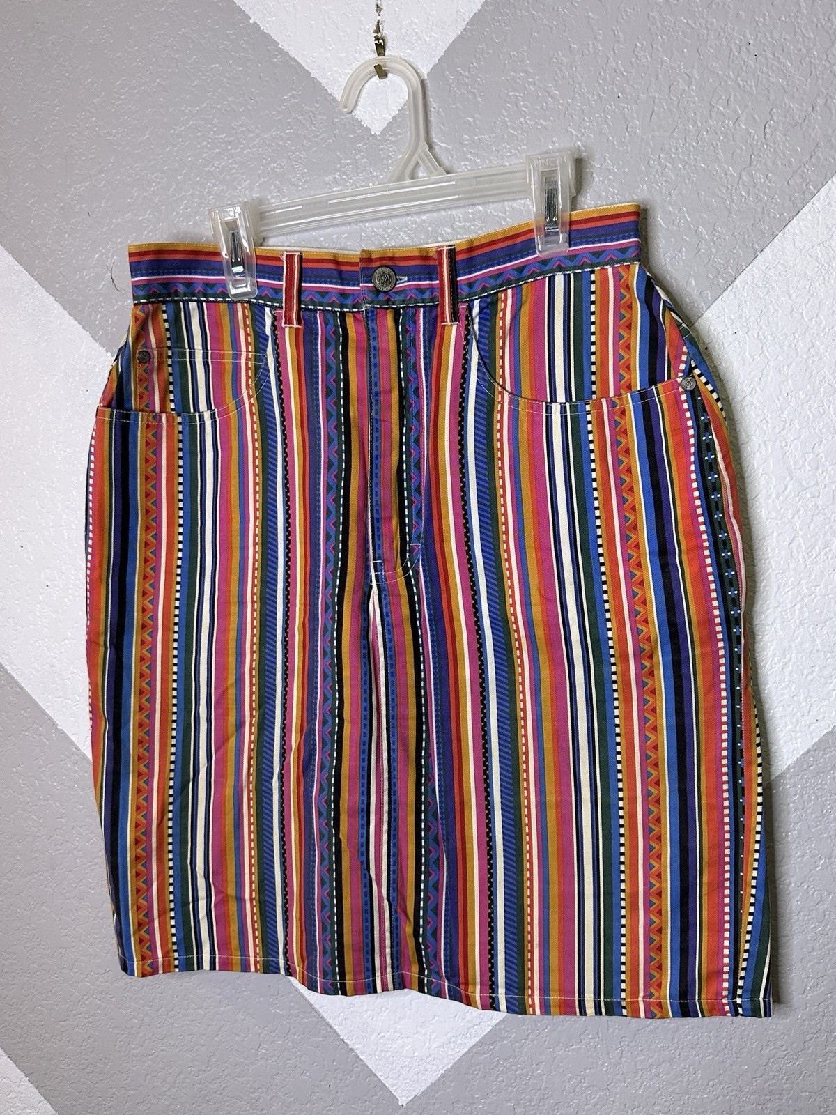 Vintage Skirt Gitano Tribal Stripe 1990s Pink White Blue Zipper Pocket Sz 11/12