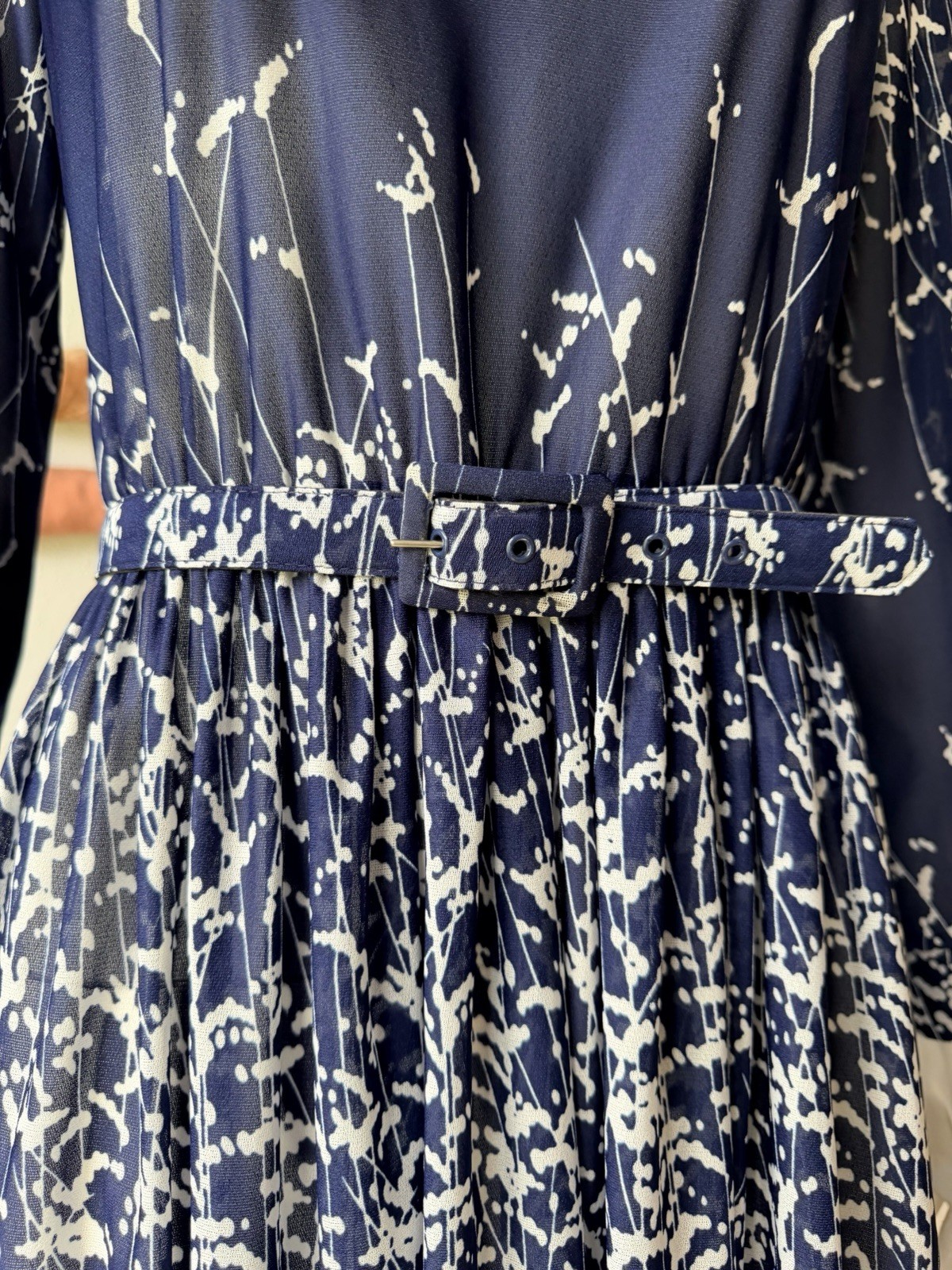Vintage 1970s 1980s OP ART DRESS Semi-sheer Navy Blue Murray Meisner Secretary M