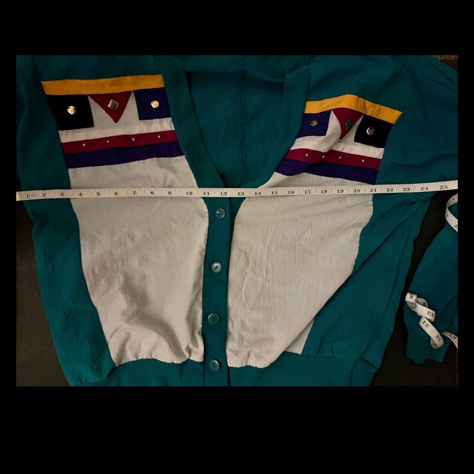 Vintage 80s Teal Colorblock Windbreaker Jacket Geometric Studded Large