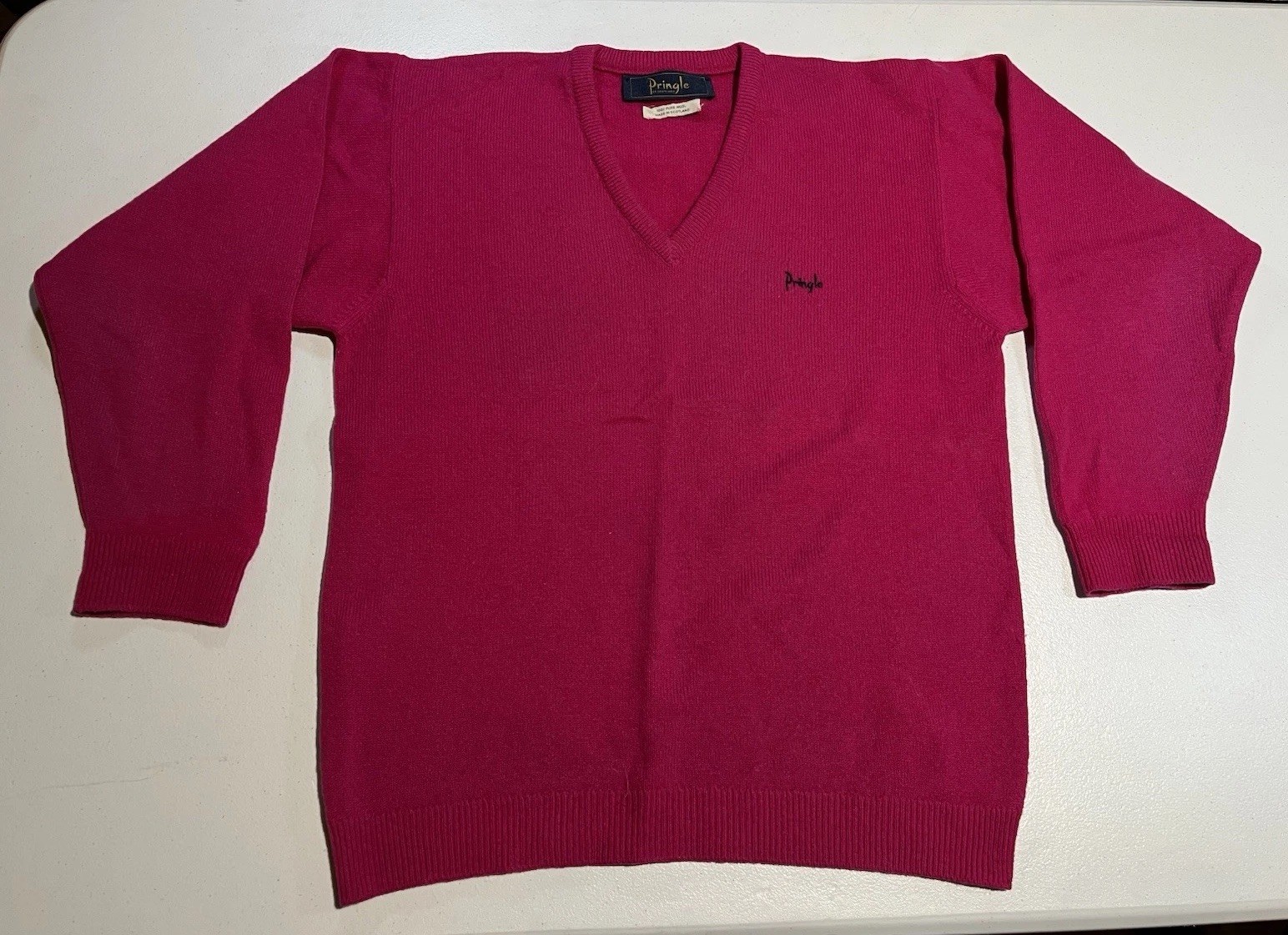 vtg Pringle 100% Wool Sweater Scotland Made Pink Purple V-Neck Knit Women Medium