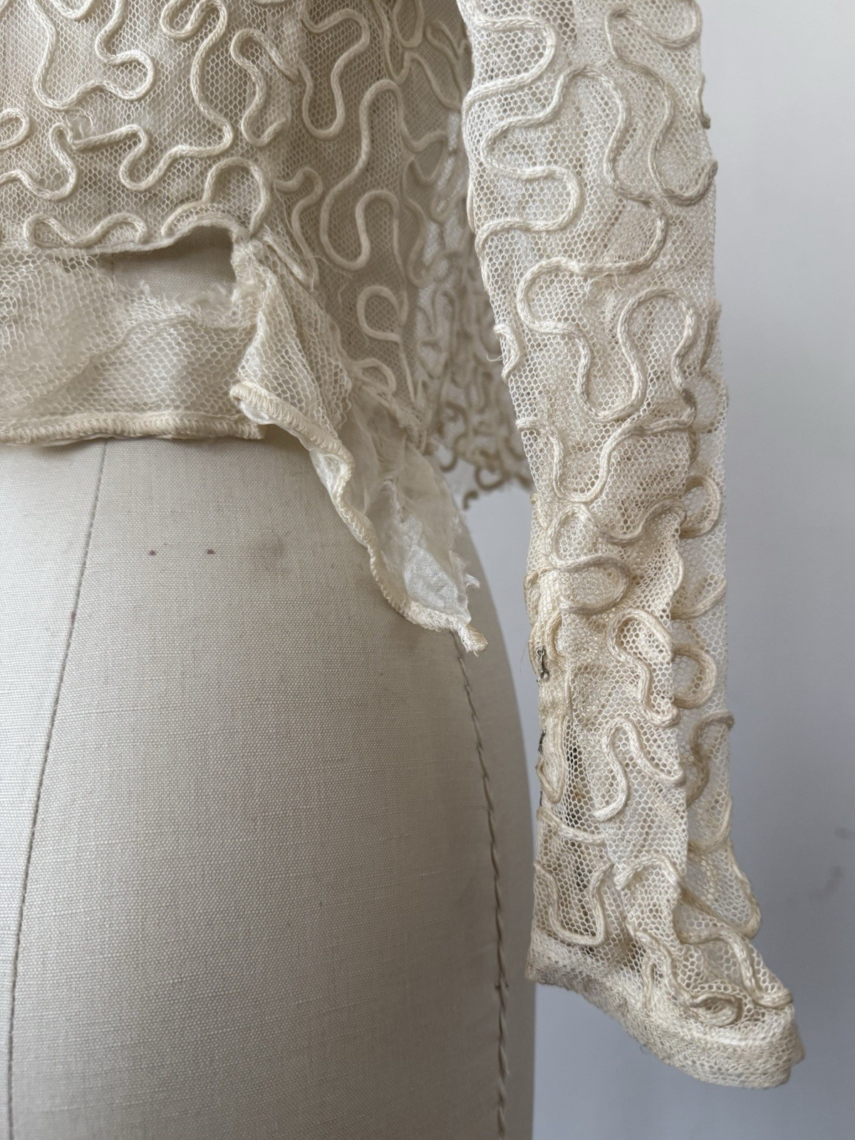 Antique Sheer Net Lace Blouse Top Cord Soutache Embroidery Art Nouveau Bridal XS