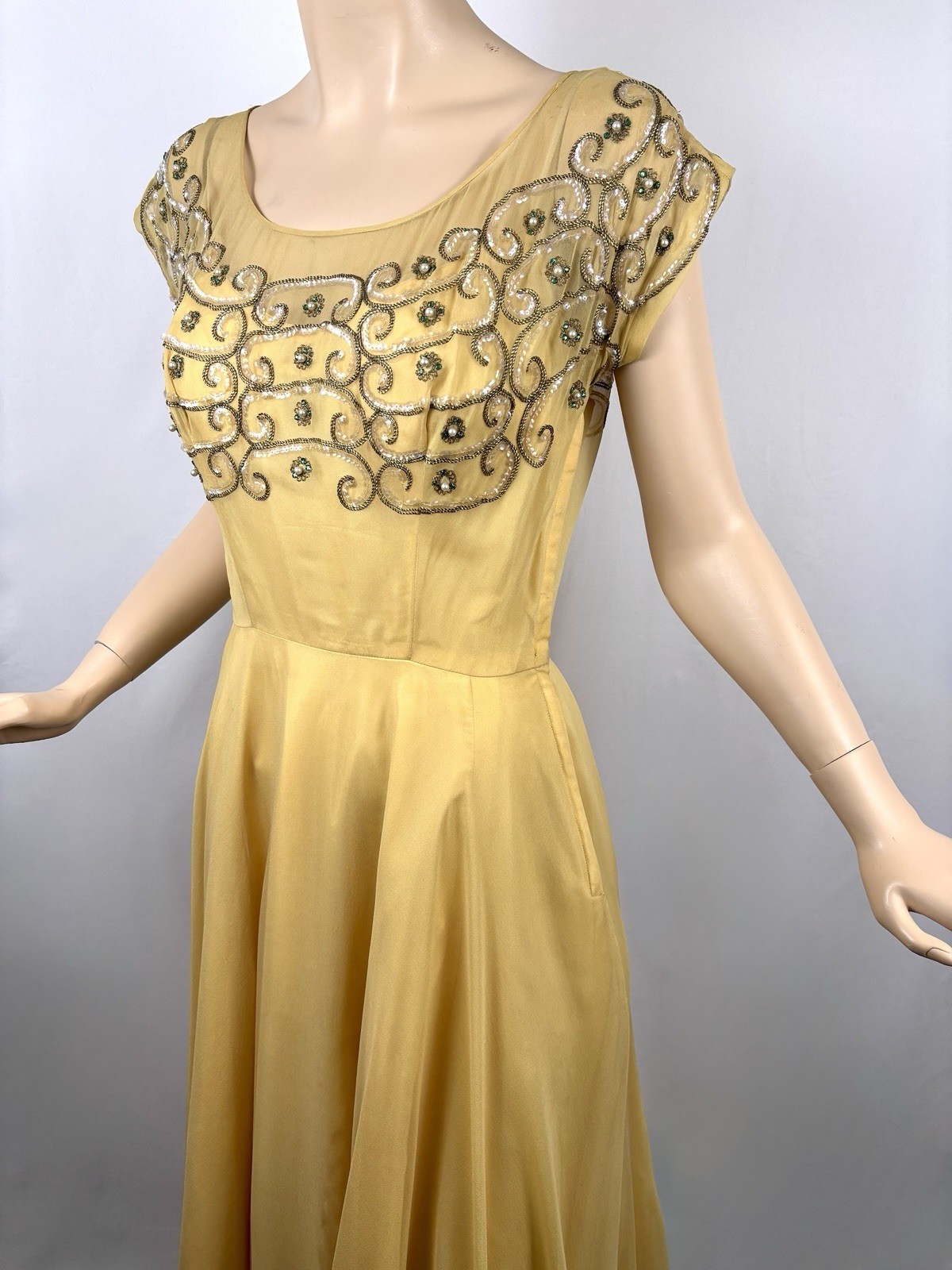 Vintage 40s Goldenrod Silk Chiffon Evening Gown Rhinestones, Sequins, Gold Cord