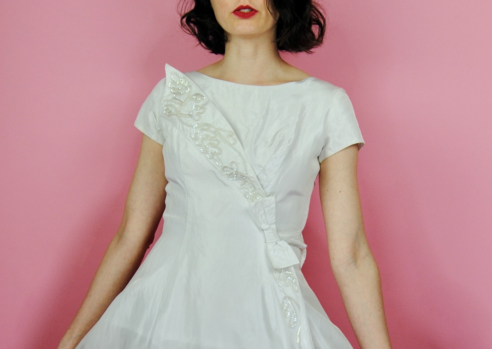 1960s Vintage Emma Domb Ivory Wedding Gown Cotillion Formal Sequin Dress XXS XS