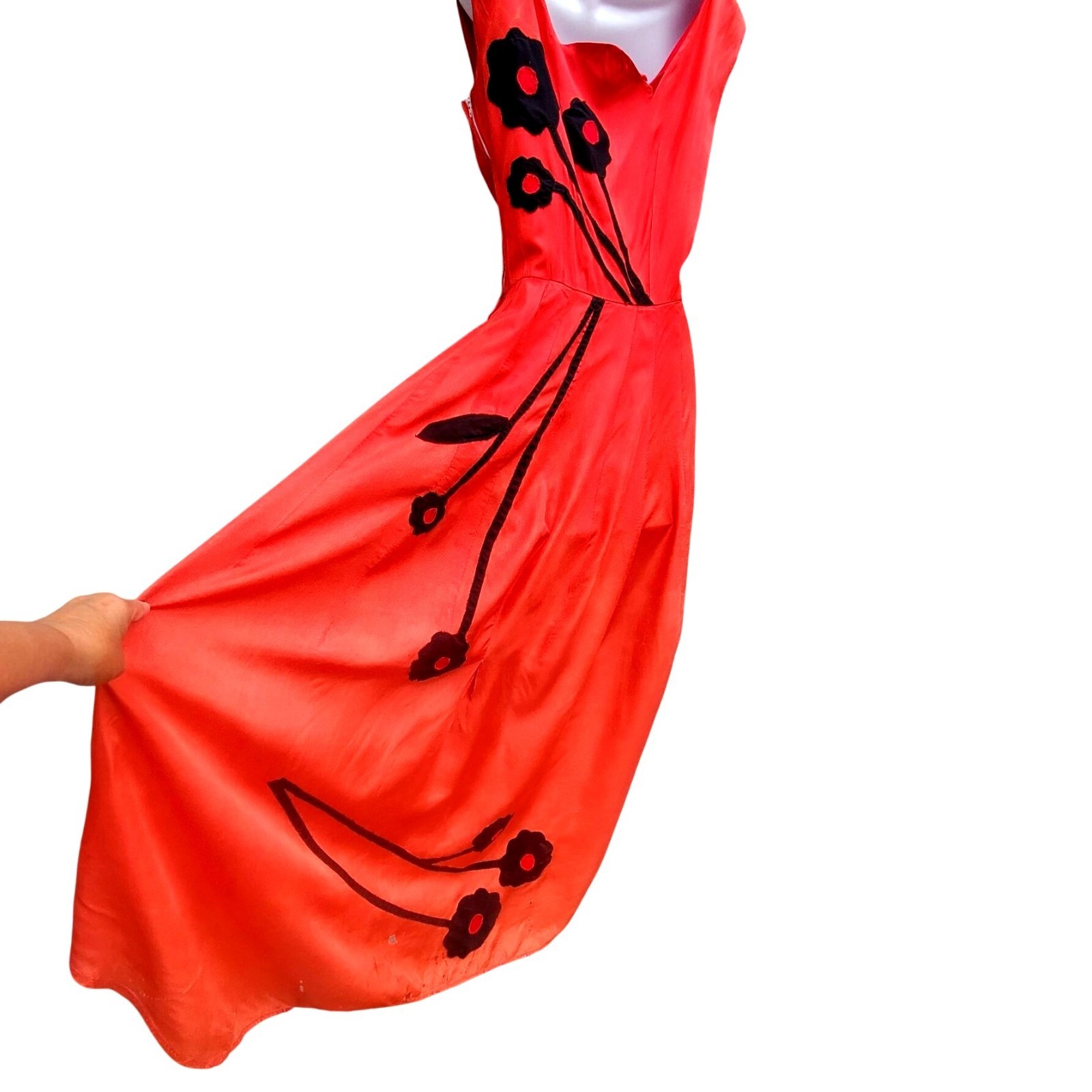 Vintage 30s Style Red Orange Acetate Maxi Size S Black Appliqué Gown Prom Dress