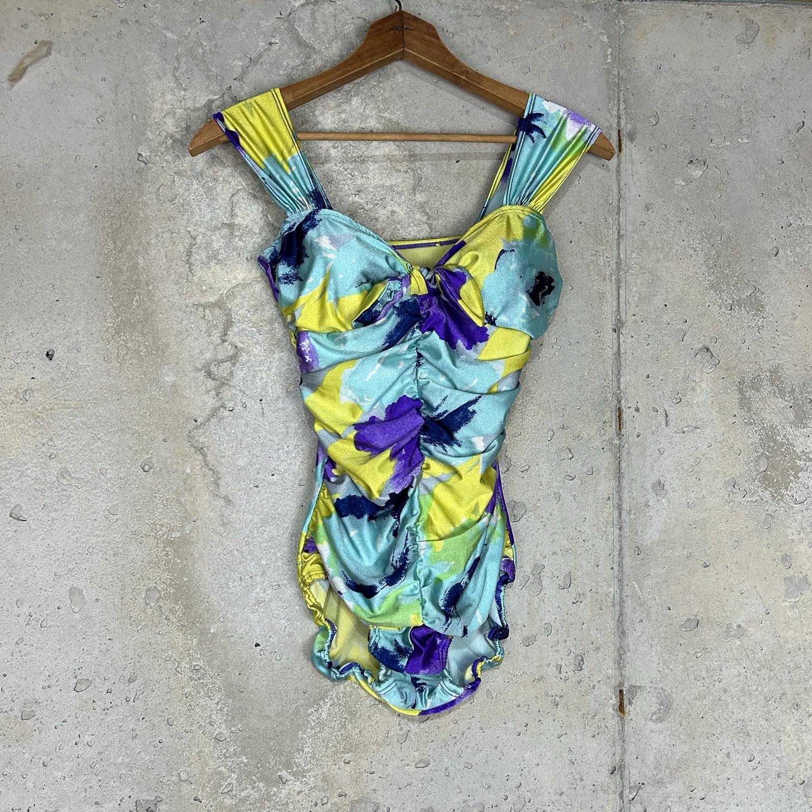 Vintage 90s Esther Williams one piece blue purple yellow abstract ruched 10/med