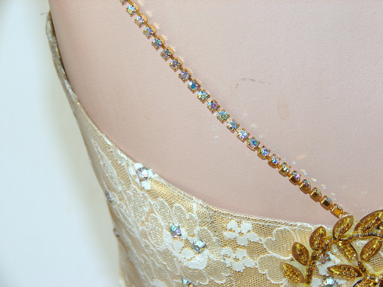 1980s GOLD LONG DRESS w/Lace and Rhinestones; Fancy Trim d1-2