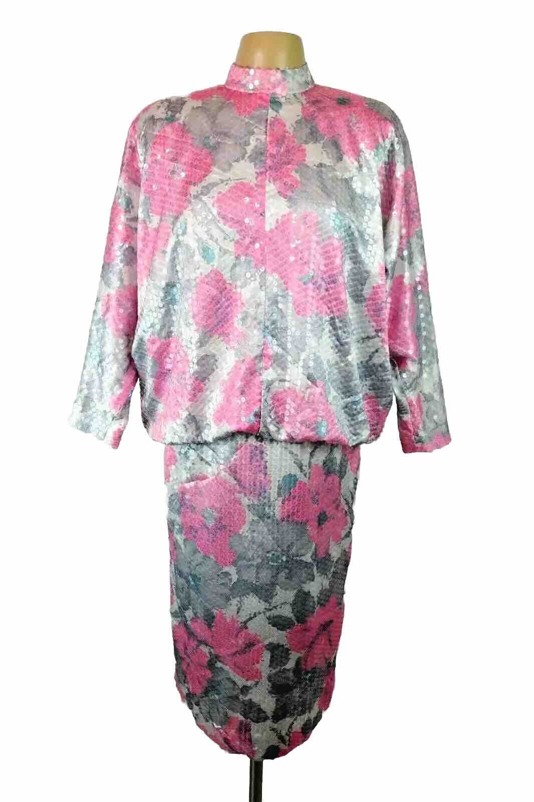 Jarin Ruben Panis 10 Floral Sequin Blouson Moc Neck L/S Gown Dress 70s Vintage