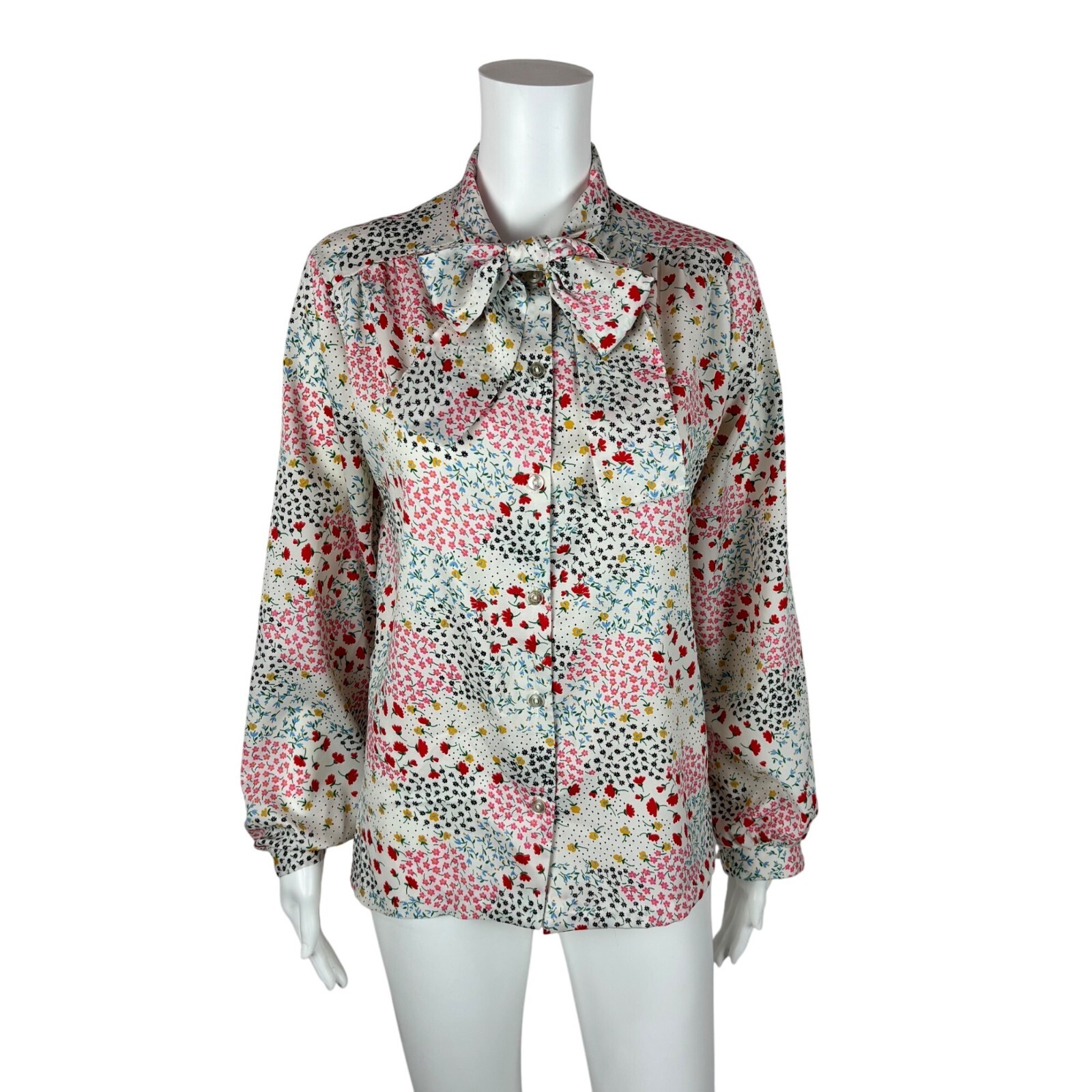 Vintage 80s Floral Blouse Women’s Large Colorful Button Down Ascot Tie Shirt