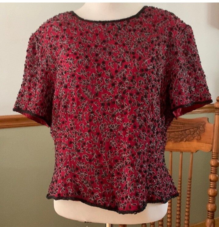 Vintage Adrianna Papell Boutique Evening Red Silk Blouse Beaded XL