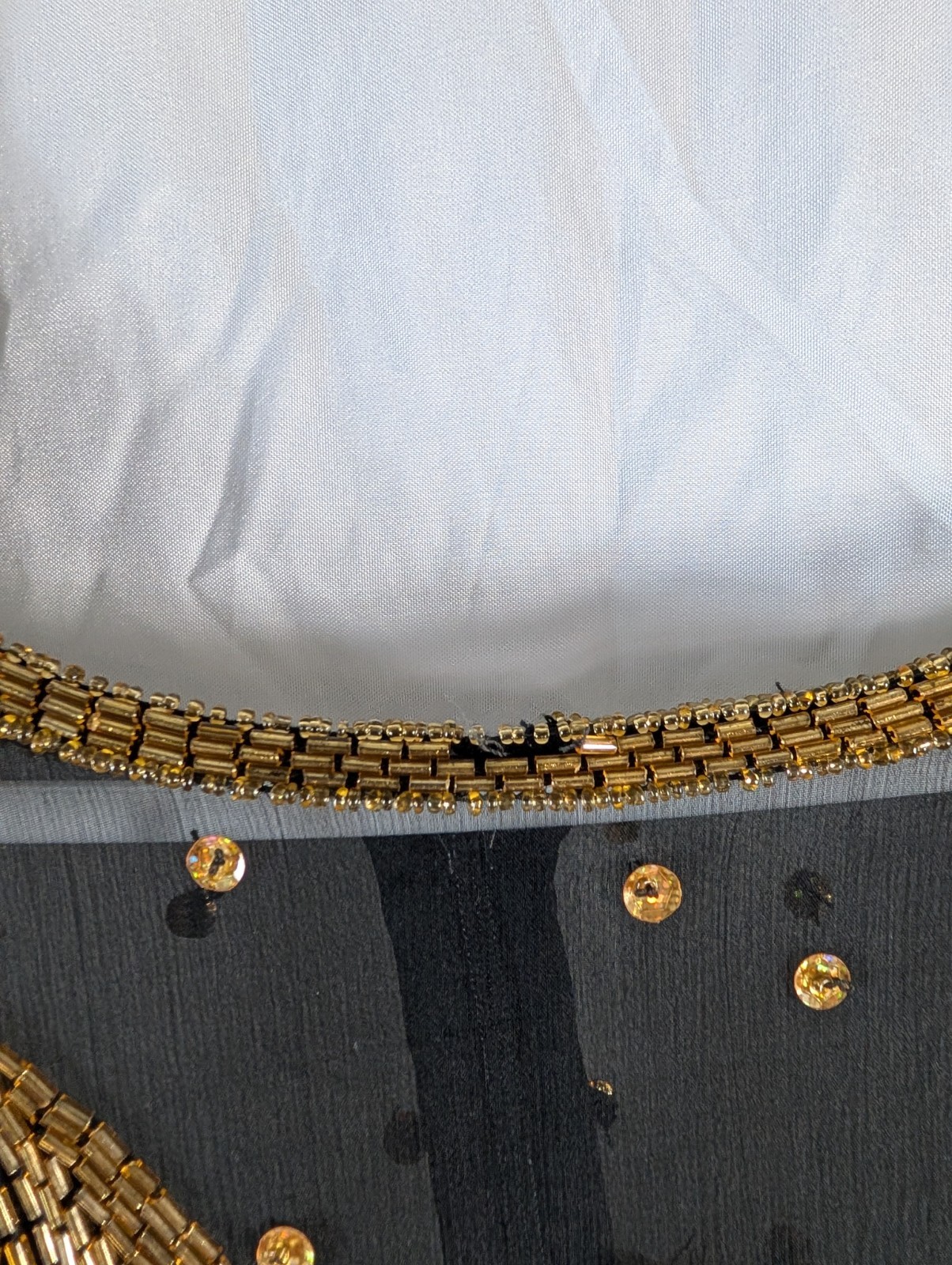 Vtg Landmark Silk Beaded Gown XL, Black Gold Sequin Maxi Dress, Flapper READ