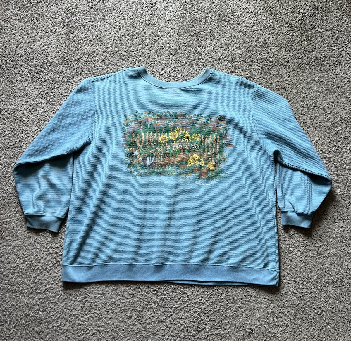 Vintage 90s Graphic Sweater 2XL Blue Floral Garden Grandma Cottage Core Plus