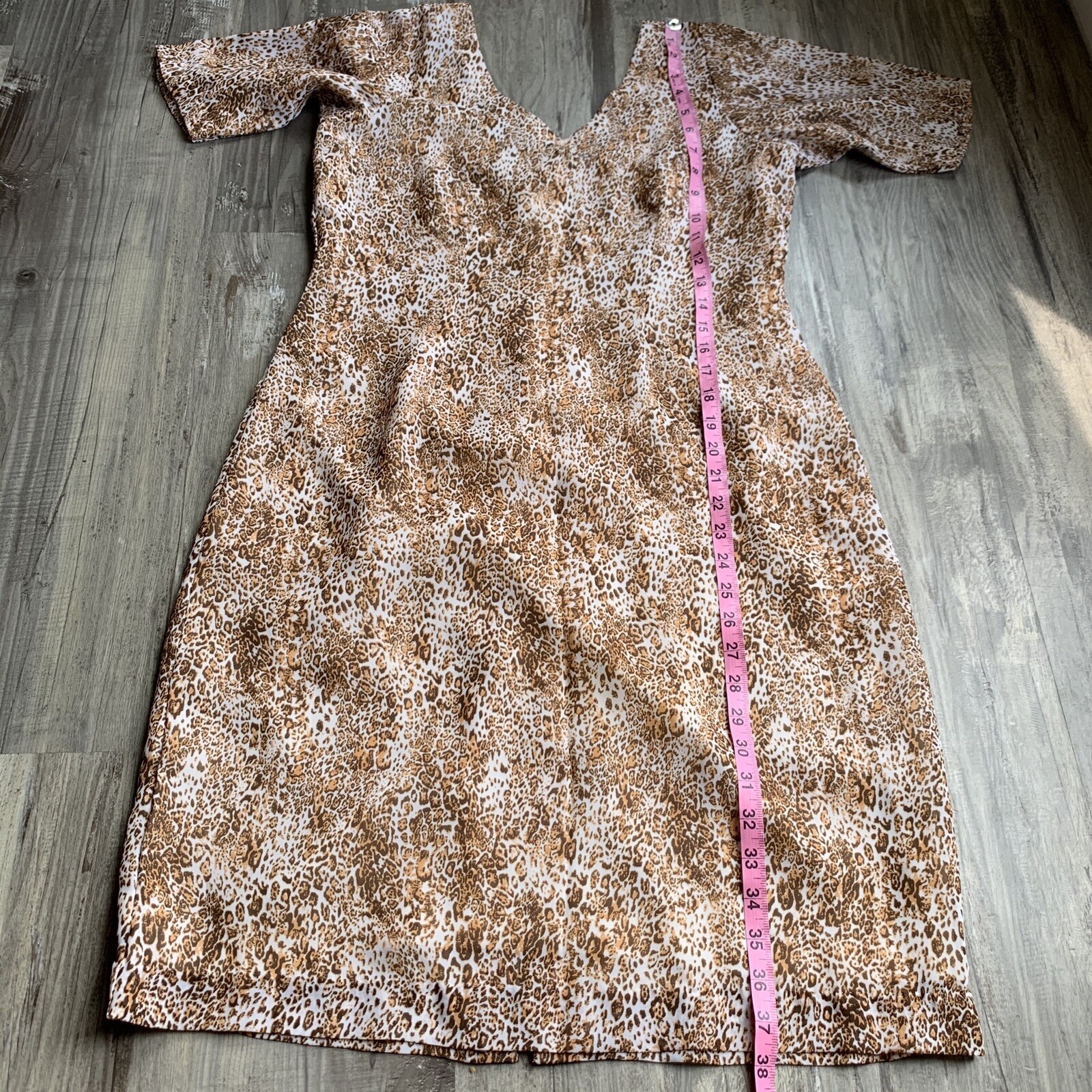 Vintage Animal Leopard Print Dress Sheath Short Sleeve Medium Large Size 8 10