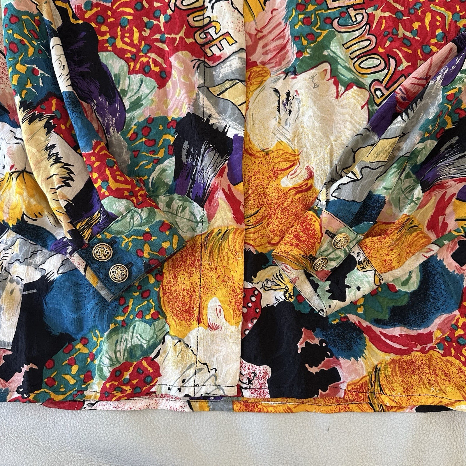 Vintage 80s Jerri Sherman Collection Silk Colorful Moulin Rouge Blouse Size 8