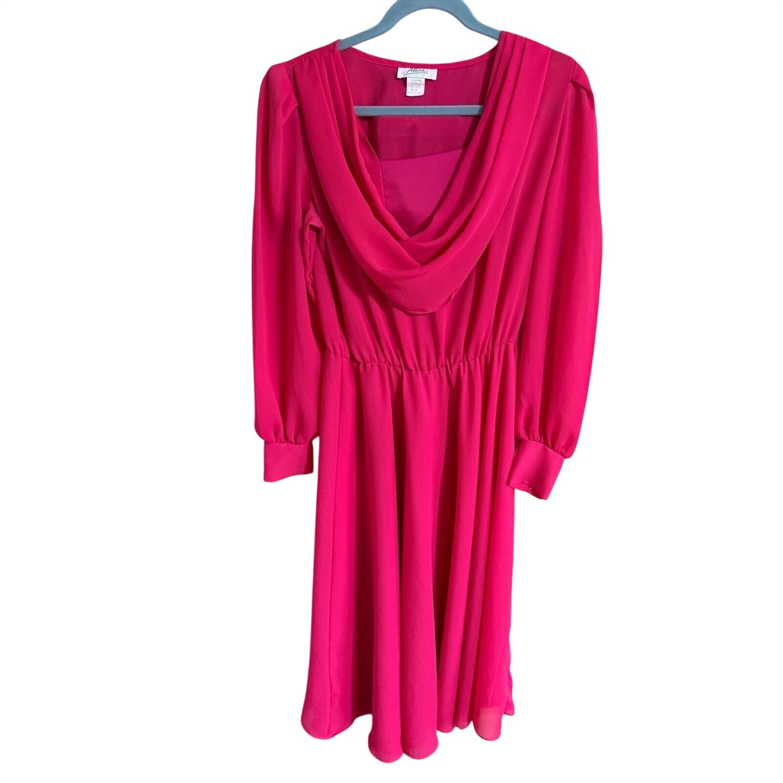 Alicia Vintage Hot Pink Cowl Neck Midi Dress Long Sleeve Elastic Waist Size 14