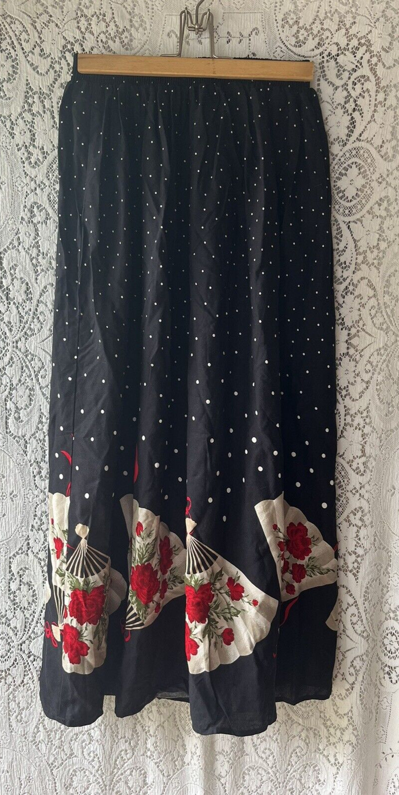 VTG California Connection Polka Dot Floral Fan Border Midi Skirt NWT S
