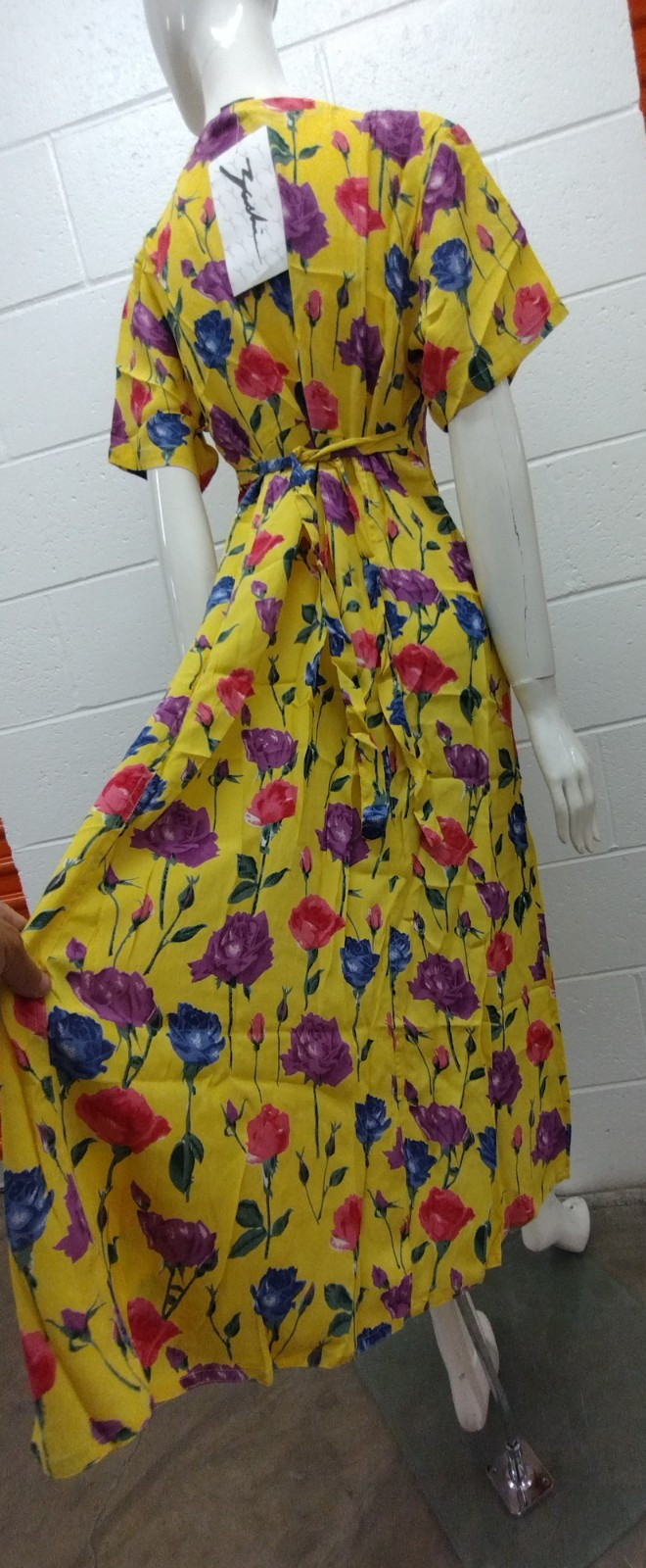 1990s Roses Long Dress Yellow Multicolor Print Purple Rose Country Chic Med New