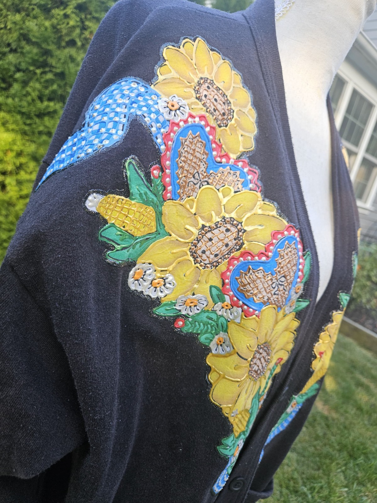 Vtg Quitman USA Sweatshirt Black Painted Applique Sunflower Corn Art One Size