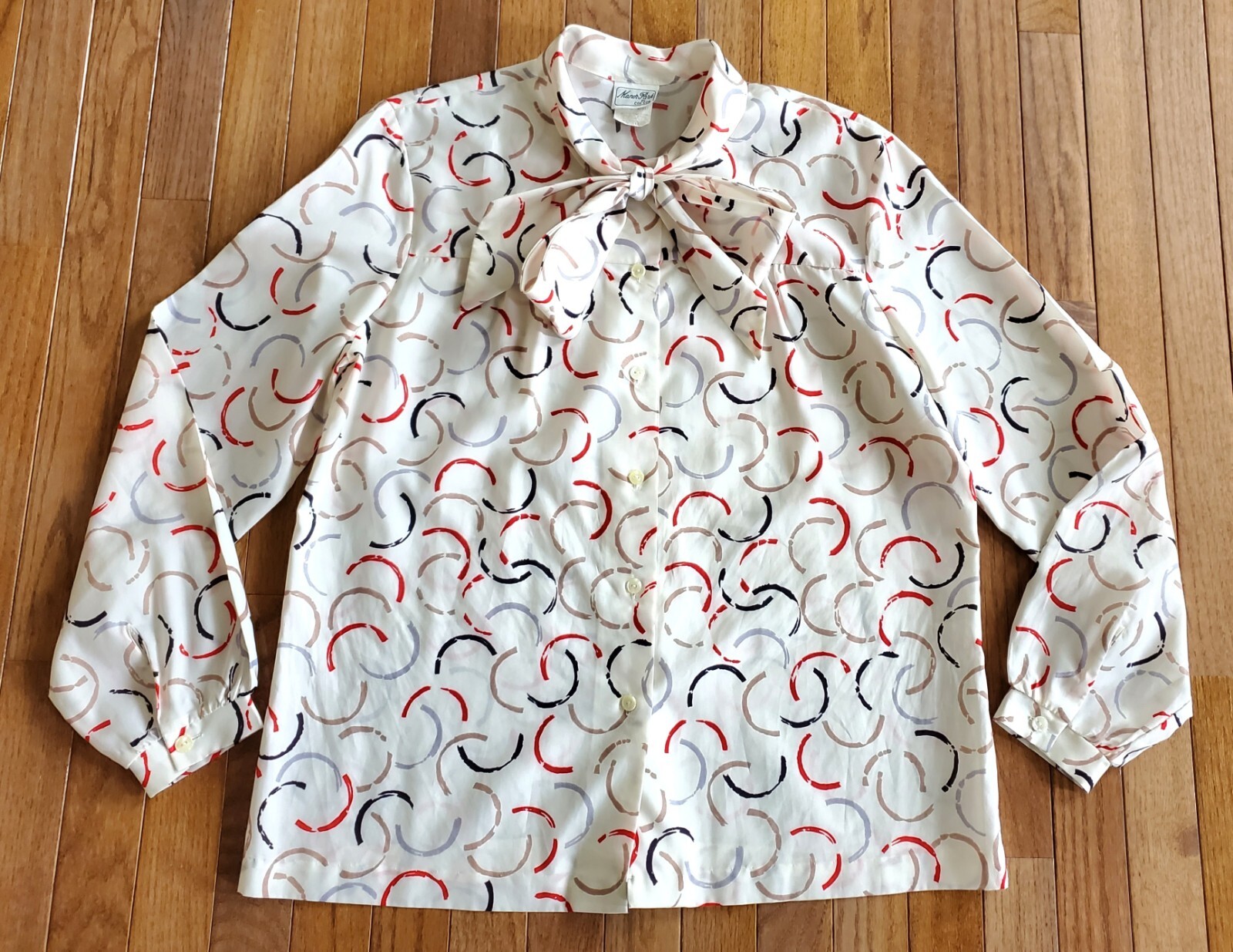 Vtg 80s Manor Park Cream Geometric Prints Front Tie Bow Button Up Blouse Sz L/XL
