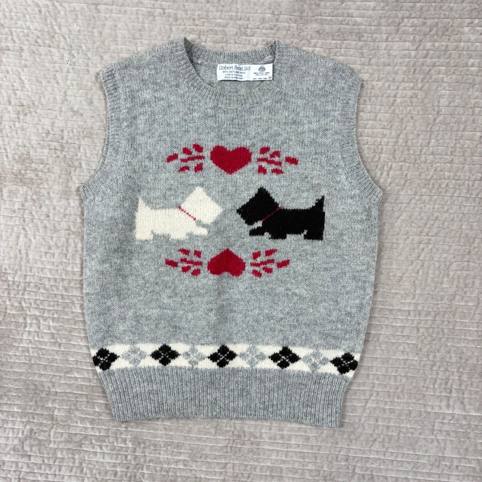 Robert Scott Ltd Vintage Shetland Wool Sweater Vest Gray Scottie Dog Heart 40