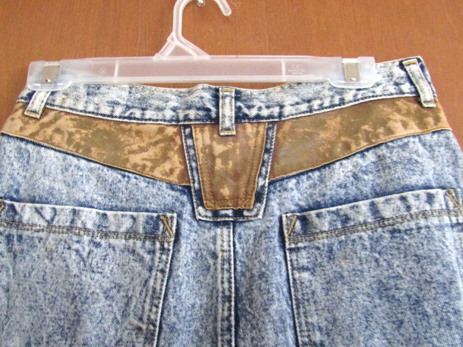 Vintage 80s Light Acid Wash Jean Midi Skirt Size 11/12 Amancio Denim Brown Trim