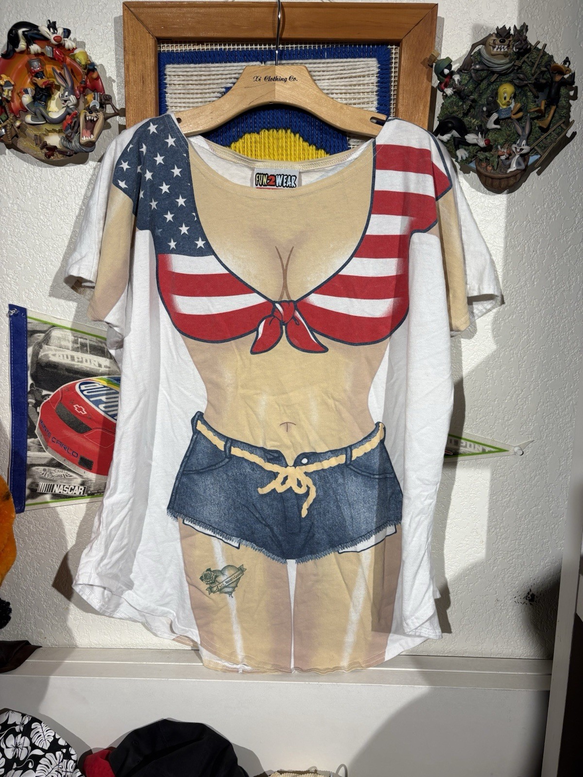 VTG 90s Fun 2 Wear La Imprints Girl Body American Flag T Shirt Womens One Size