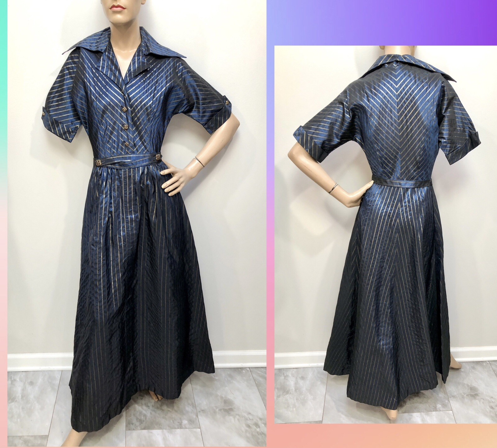 VTG 1940s RAYON SHARKSKIN *GOLD METALLIC STRIPED Shimmery ZIPPER FRONT DRESS XXS