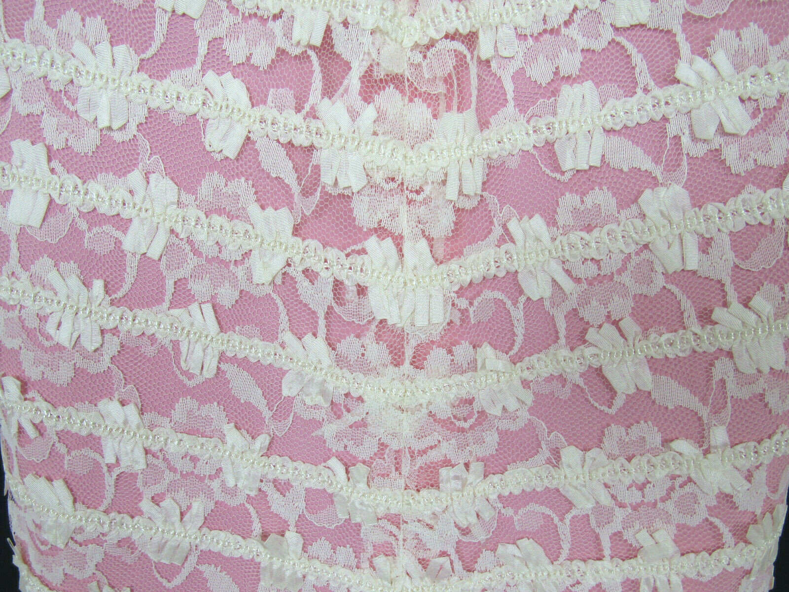VTG 1950s REICH ORIGINALS MAXI DRESS PINK WHITE LACE MESH BOWS SLEEVELESS