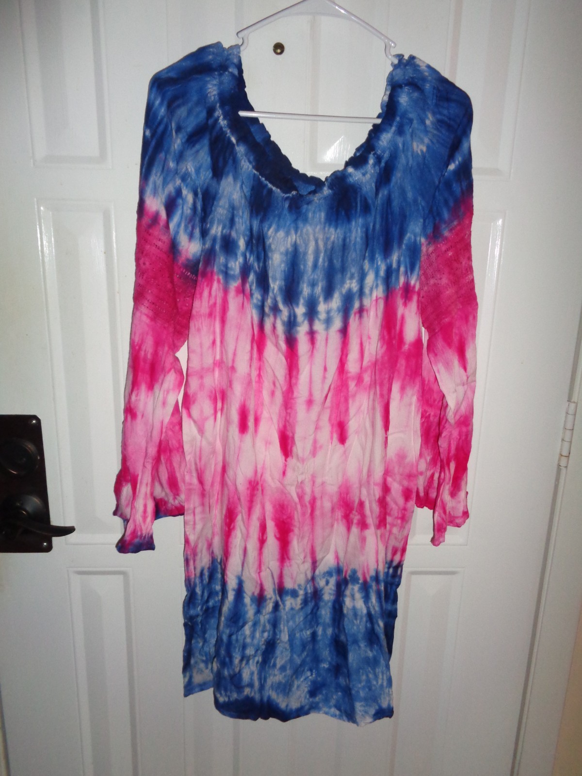 Color Touch Sun Dress Red White Blue Tie Dye Boho Style Bell Sleeve XL NWT