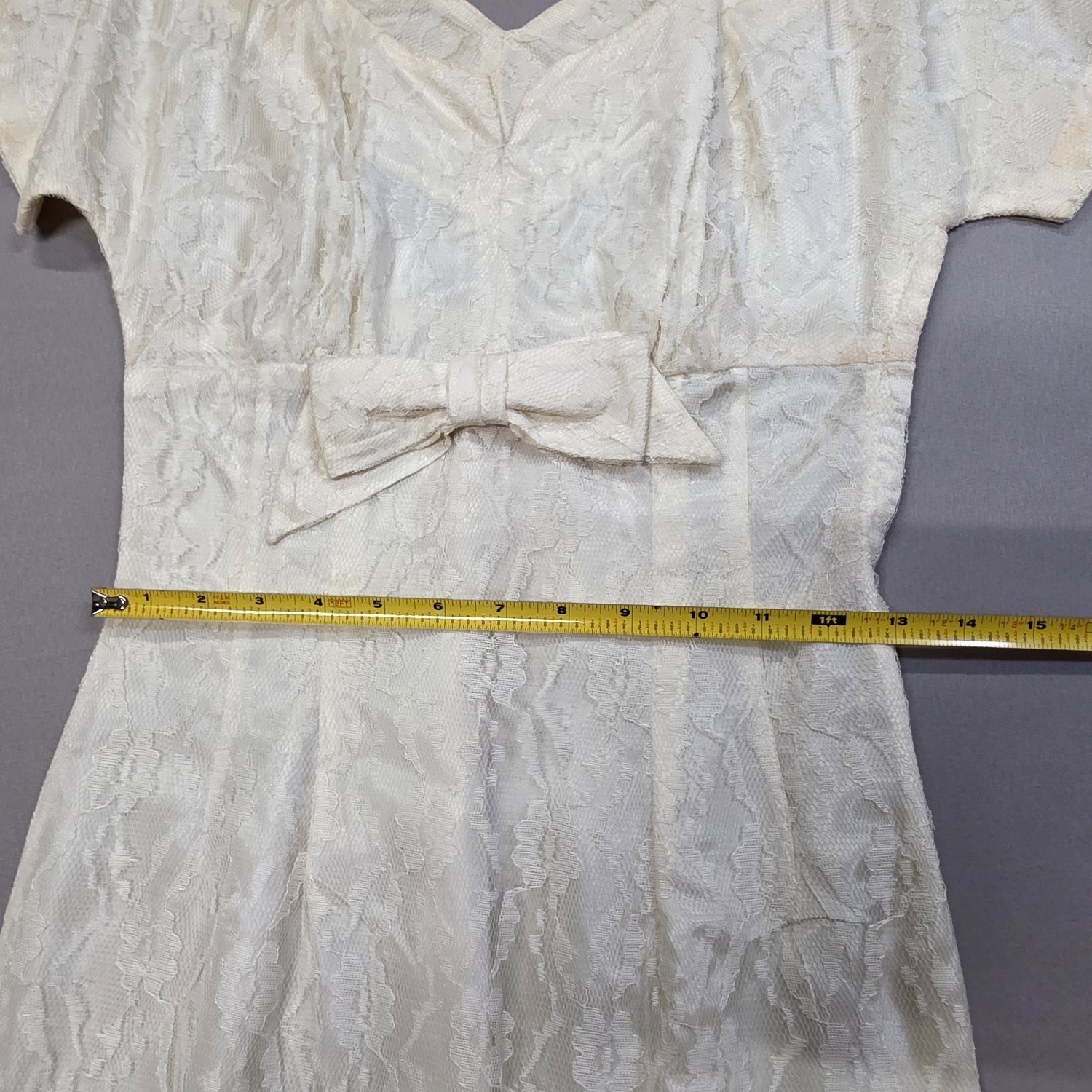 Vintage 50s Ivory Floral Lace Cocktail Dress Bow Waist Wiggle Sheath Mid Century