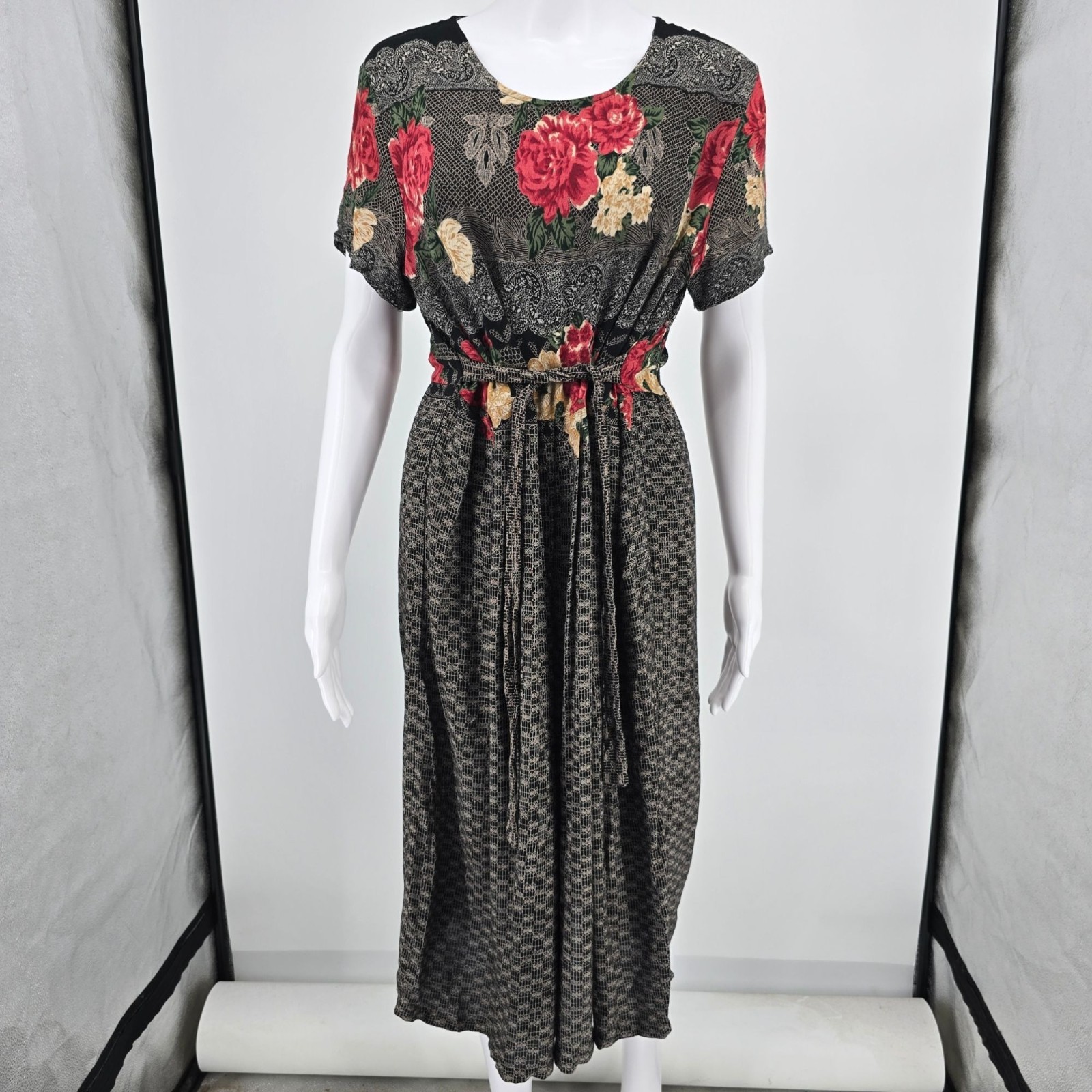 Vintage 1990s Just in Thyme Rayon Black Floral/Lace Print Prairie Dress (8/M)