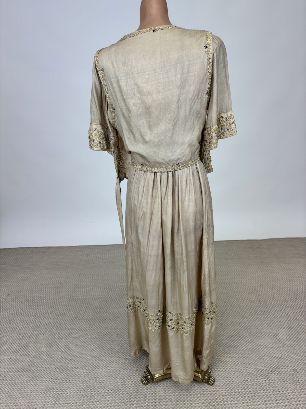 Antique Edwardian 1910s Beige Silk Day Dress Cording Blue Beads Wrap Bodice