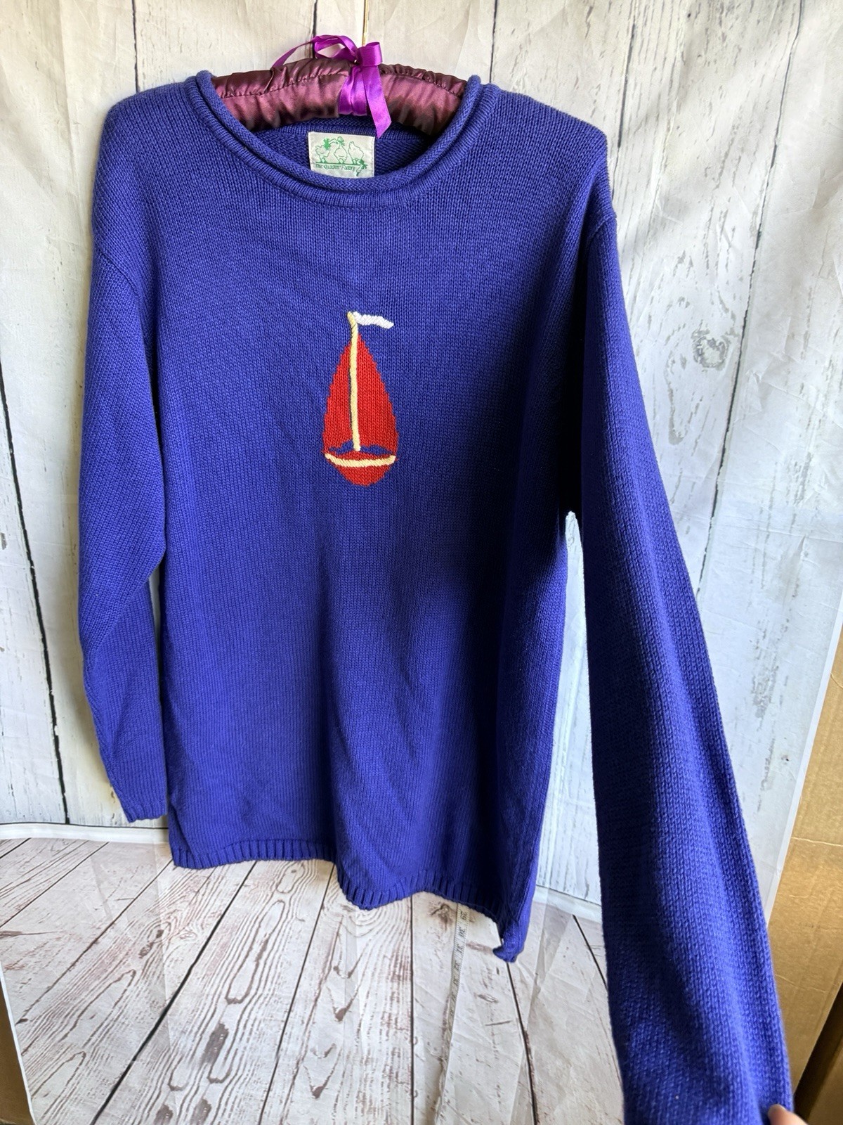 Vintage Sail Boat Nautical Red Blue Quacker Factory Sweater Teacher Whimsy L