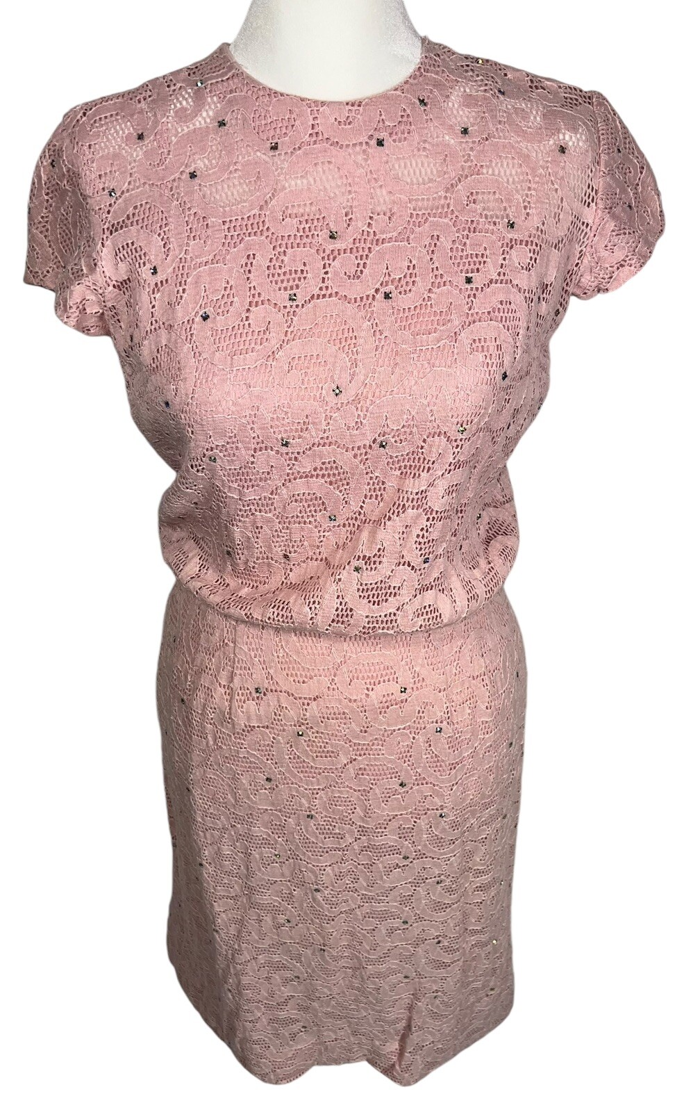 VTG 1950s PAUL SACHS RHINESTONE PINK LACE COCKTAIL WIGGLE DRESS ROCKABILLY GLAM
