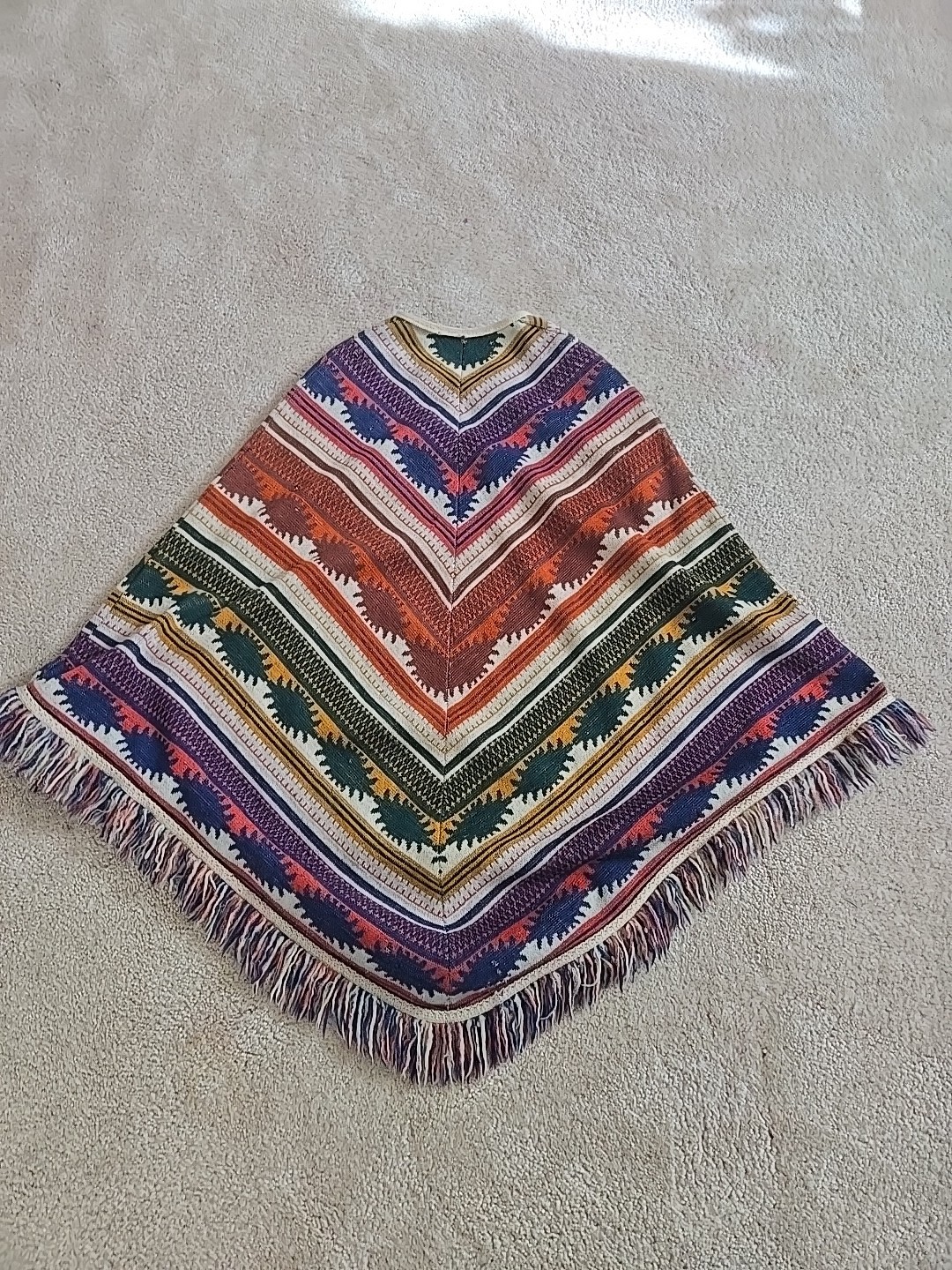 Vintage 1970s Sabra Knit Pullover Poncho Unisex Southwestern Design With Fringe