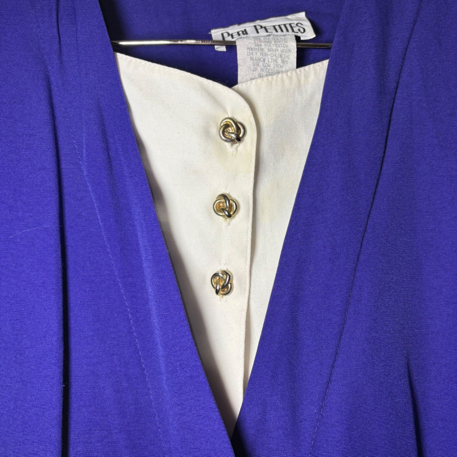 Vintage Peri Petites Blue Midi Dress Gold Knot Buttons 3/4 Sleeve Pockets 10P