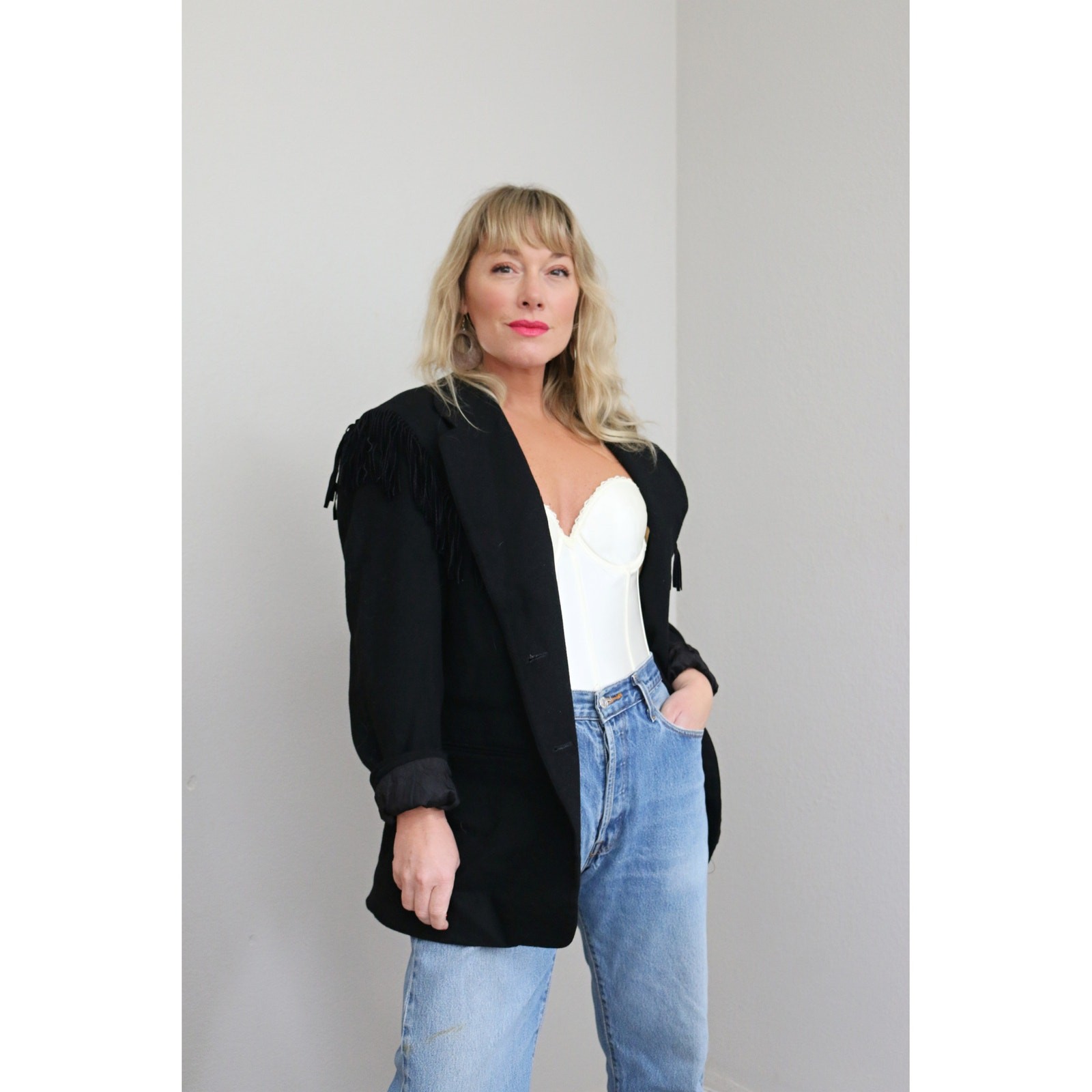 1990’s Vintage Adolfo Black Wool Fringe Blazer ~ Women’s MD LG ~ Western Jacket