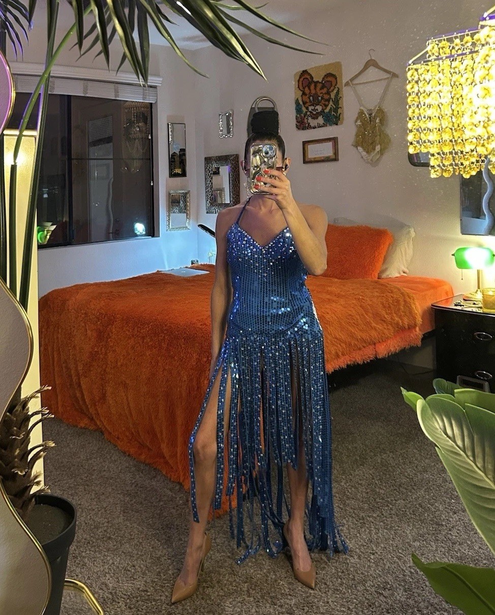 Vintage Showgirl Sequin Fringe Corset Dress Taylor Swift Stage Costume M