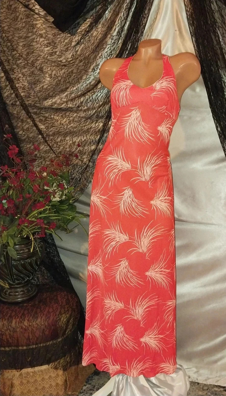 Vtg SILKY NYLON ORANGE ITALY 70S NIGHTGOWN LONG MAXI HIPPY DRESS S 34